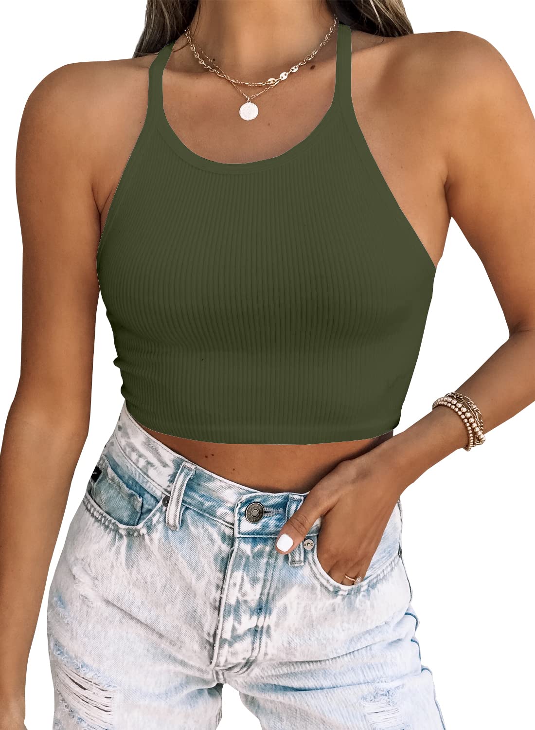  size (L) LOLONG Womens Summer Crop Tops 2023 Sleeveless Ribbed Tank Top Racer Back Basic Halter Neck Cami Shirt