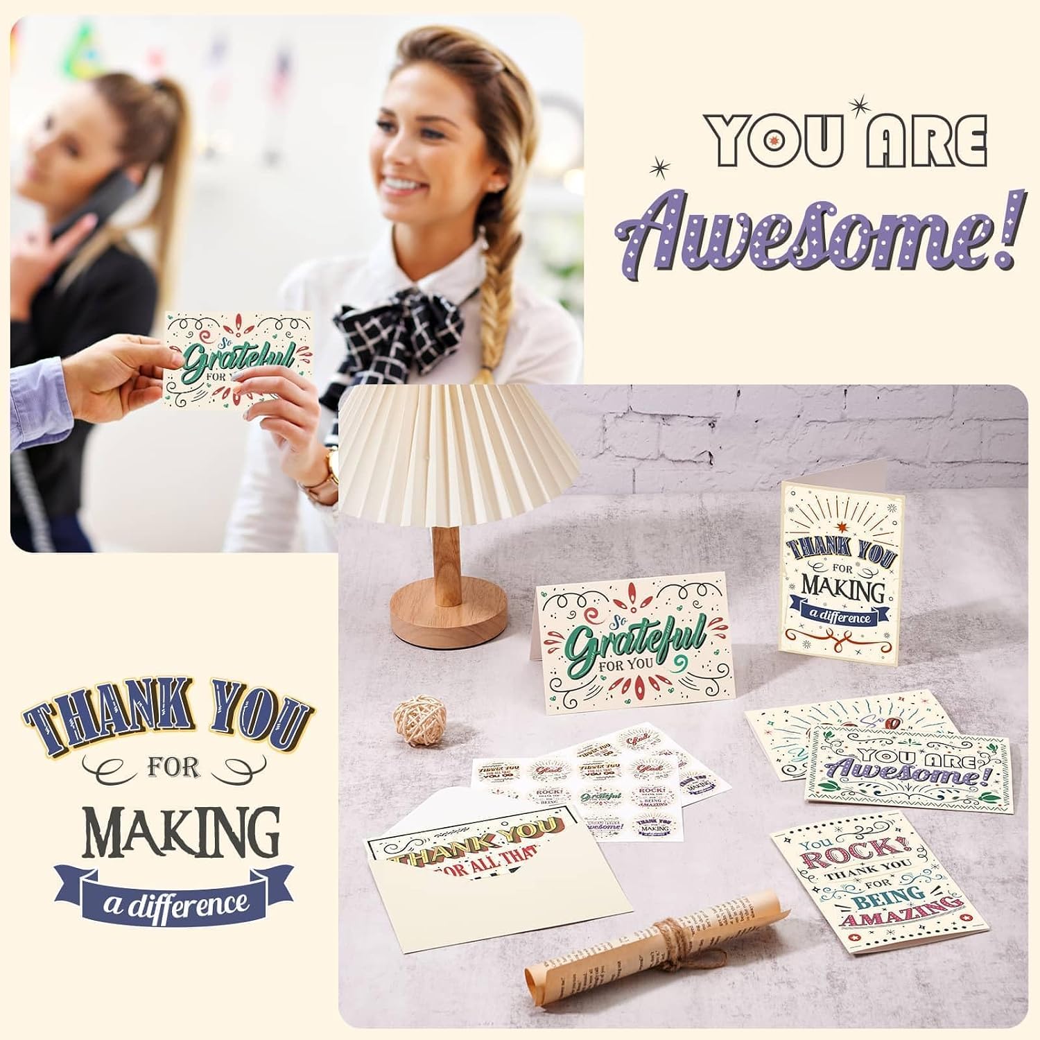 24 Employee Appreciation Cards - Thank You Cards with Envelopes & Stickers 6 Designs Colorful Encouragement Cards for Hand Written 4’’ x 6’’ Gratitude Card for Appreciation Recognition Team Staff