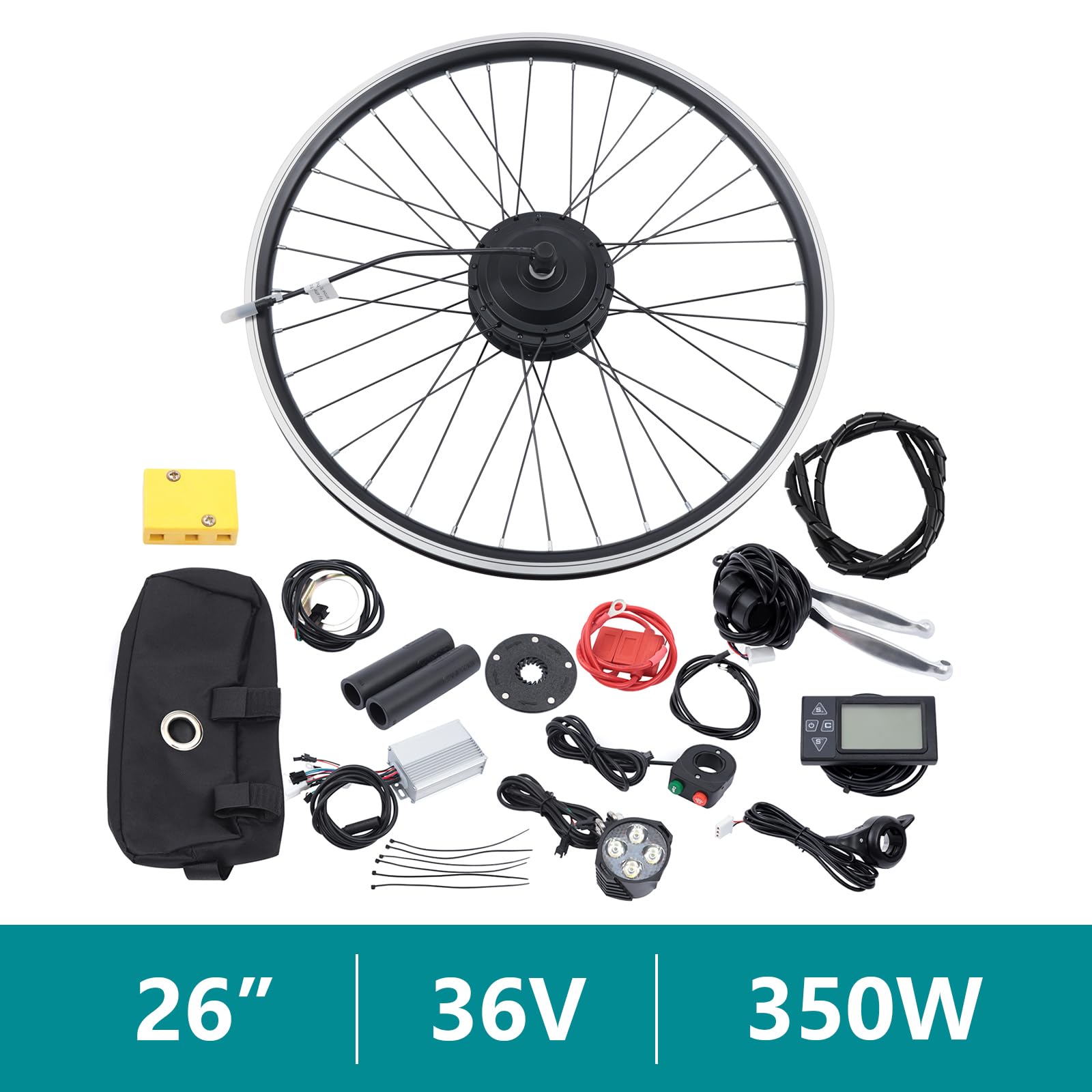 Kit de Conversion pour vélo électrique 26 Pouces, Moteur de moyeu Avant 350 W 36 V avec écran LCD, contrôleur BLDC, Levier de Frein Pas, 5 Vitesses réglables.