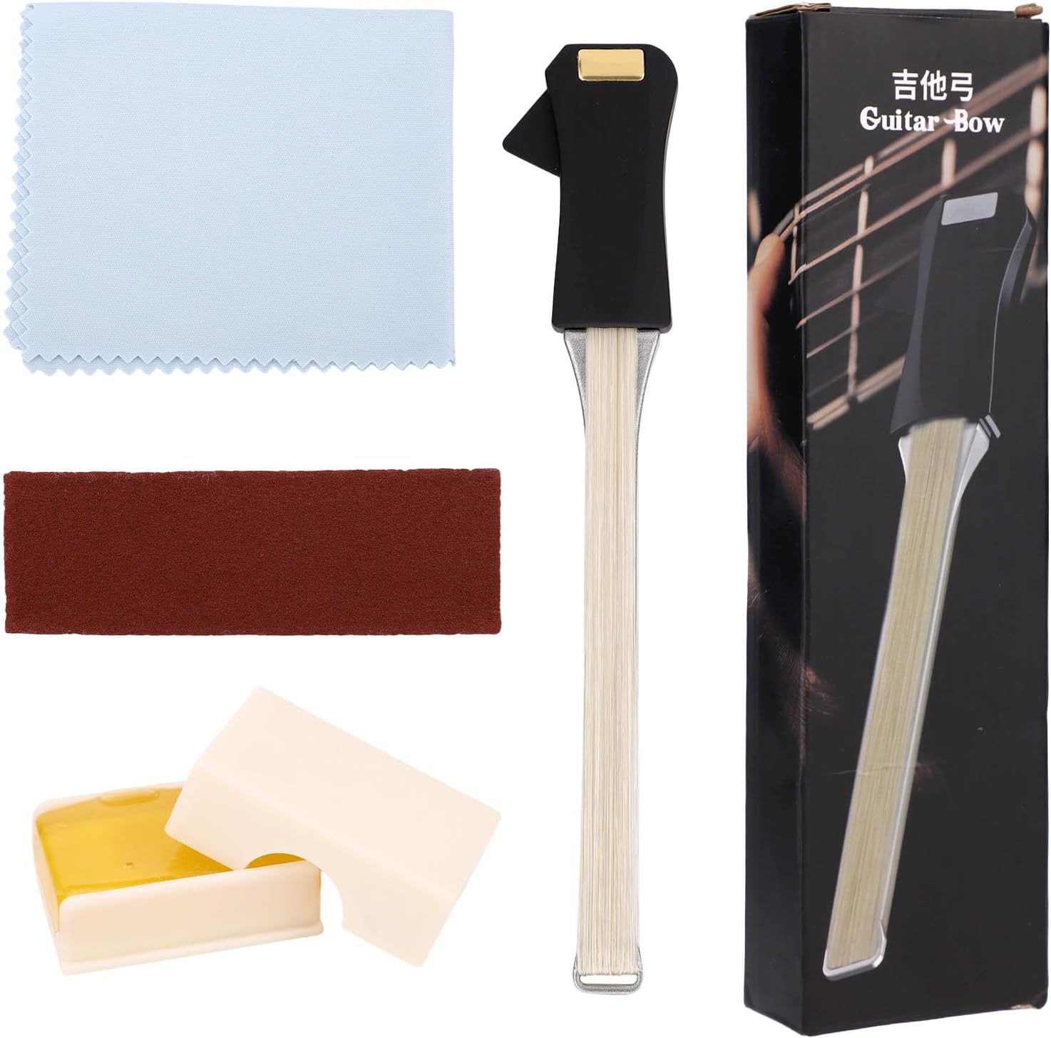 2-in-1 Guitar Bow Kit, Double-Sided Playing Guitar Acoustic Bow with Rosin Sandpaper Cloth & Storage Bag Creative Tool Accessories for Acoustic Steel Stringed Violin Instrument