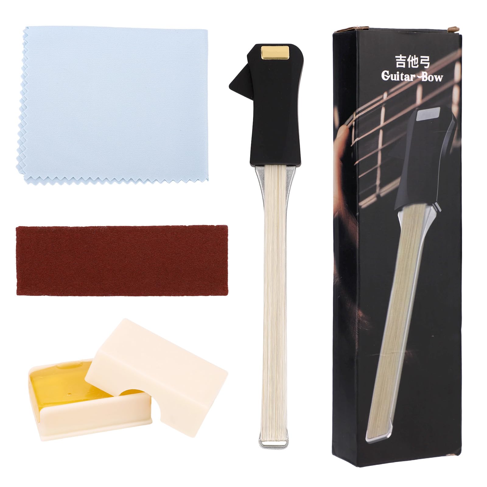 BOXOB Kit Archetto Chitarra 2 in 1, Suonare su Entrambi i Lati Archetto per Chitarra Acustica con Colofonia Carta Vetrata Panno e Borsa Portaoggetti Strumenti Creativi per Strumenti Acustici a Corde