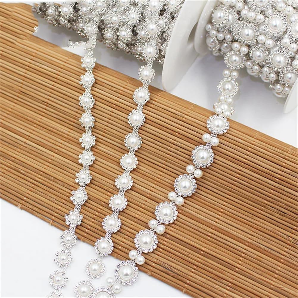 Generic 1/5Yards Pearl Round Drill Silver Metal Crystal Webbing Rhinestone Trim for Clothing Shoes Bag 03 5 Yards