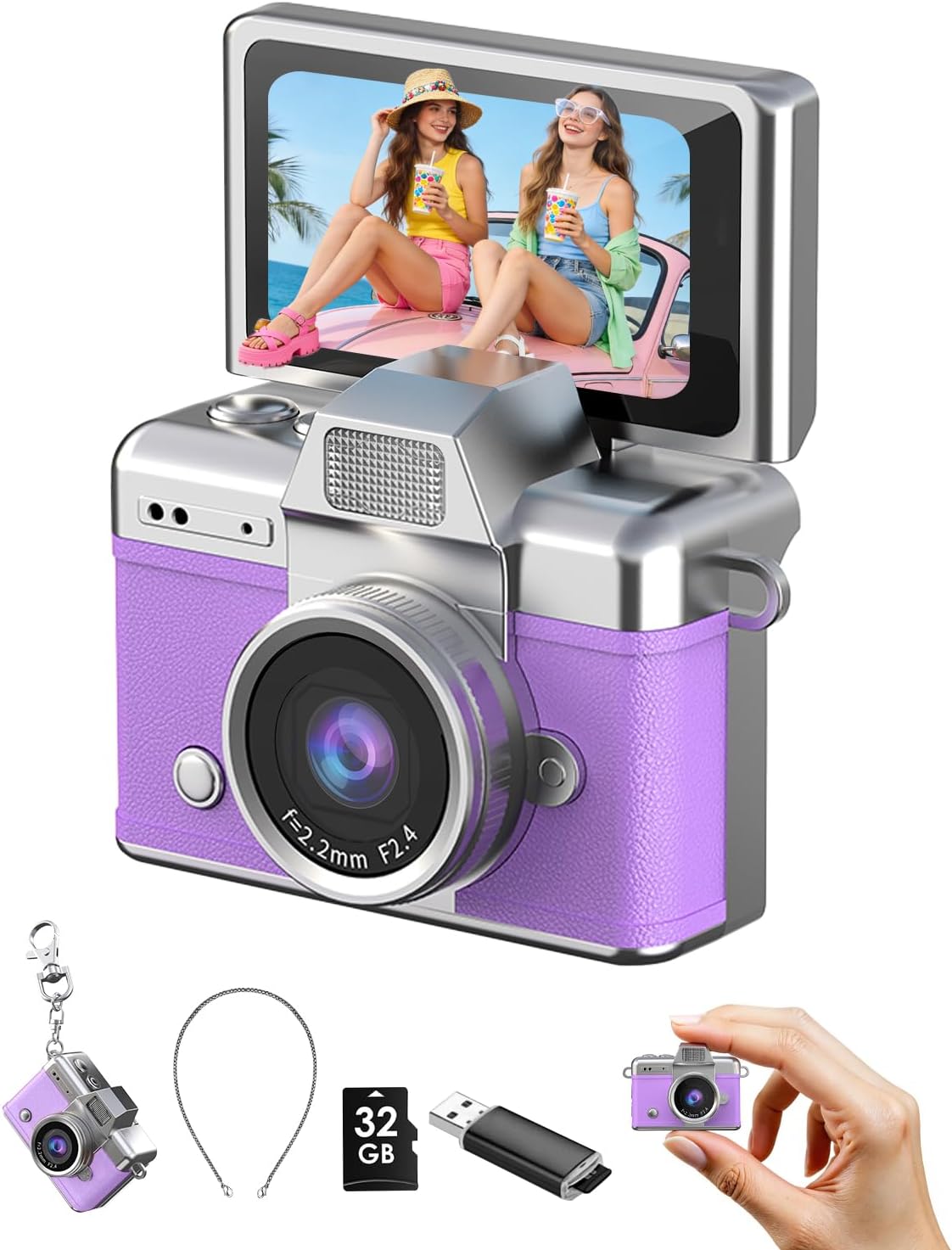 Mini Keychain Camera, 1080P Portable Digital Camera with 1.47” Flip LCD & Flash, Retro Collectible Pocket Camera for Travel, Parties, Birthday(Purple32GB)
