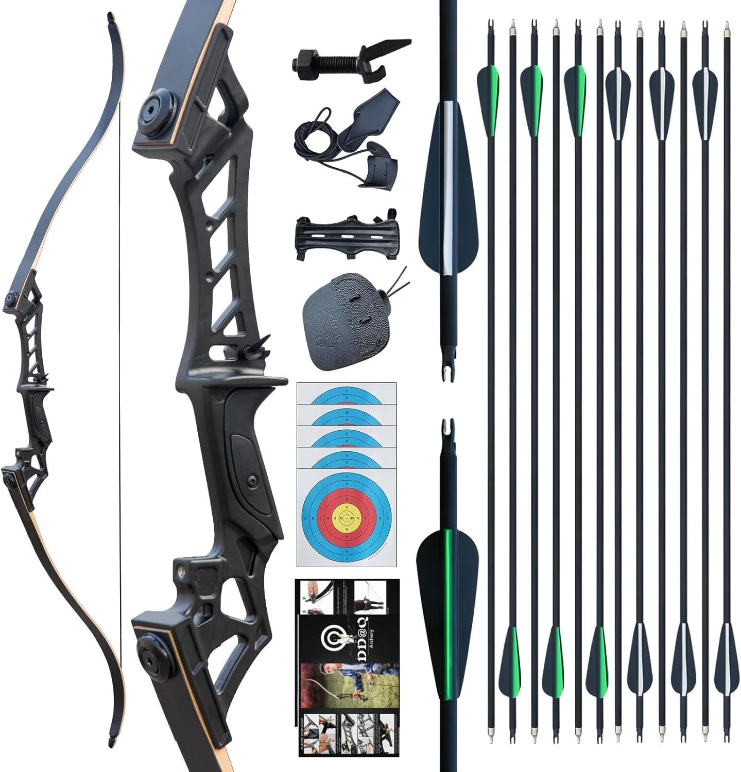 57" Recurvebogen Pfeil und Bogen Set für Erwachsene Rechte Hand 30-60LBS Jagd Longbow Set für Die Jagdpraxis Outdoor-Sportarten