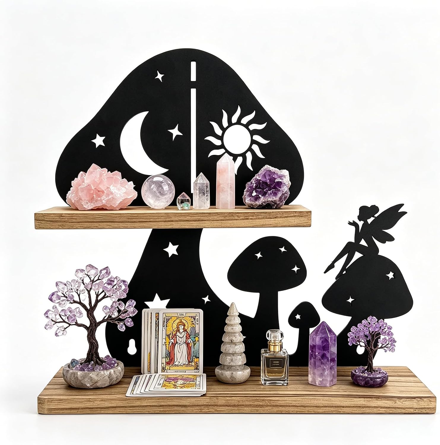Mushroom Fairy Crystal Wall Shelf with Iron Backing | Large Size, Witchy Gothic Display Shelf for Crystals Tarot, Wooden Floating Shelves for Bedroom, Mushroom Decor