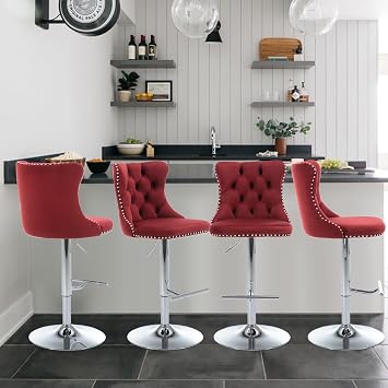 33 Velvet Swivel Bar Stools Set of 4 Kitchen Counter Adjustable Height Upholstered Barstools with Silver Leg and Back for Kitchen Island, Bar, Dining RoomWine Red-Silver Leg,Set of 4