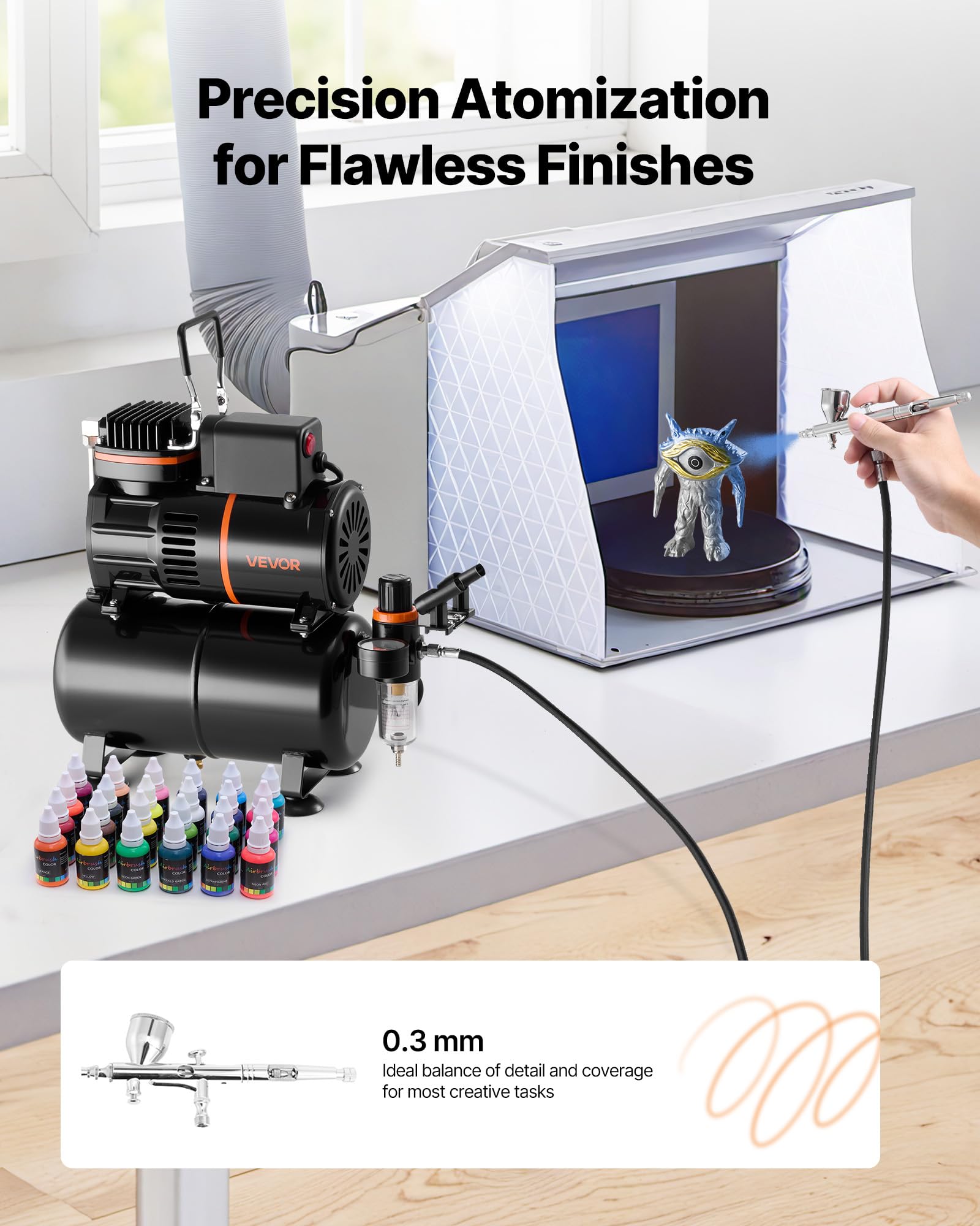 VEVOR Kit Aérographe avec Compresseur d’Air 1/6 HP et Réservoir, Compresseur Aérographe avec 1 Pistolet à Double Action, 1 Buse, Tuyau, Peinture Acrylique, 2 Ventilateurs, Décoration Pâtisserie
