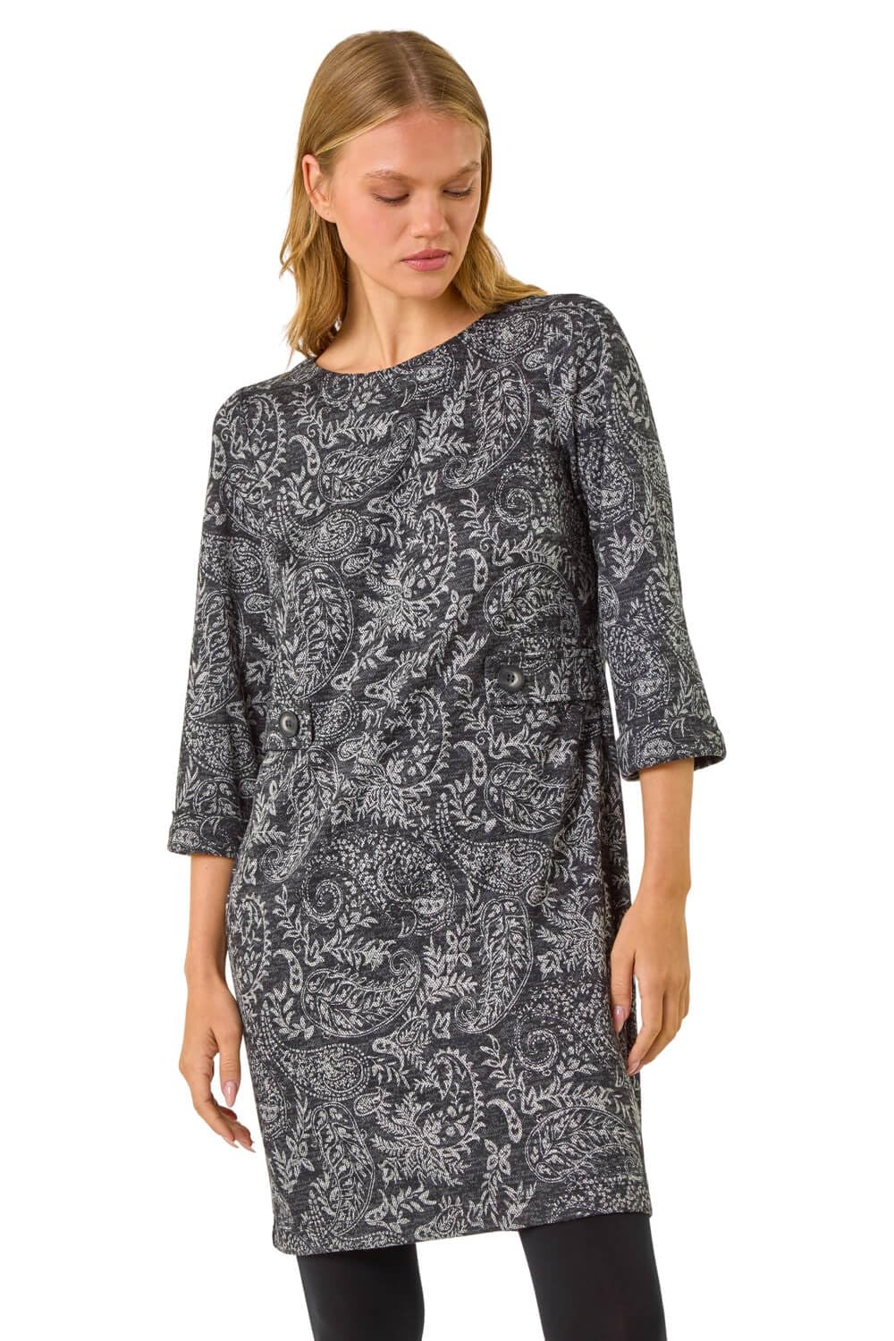 Roman Women's Dark Grey Paisley Button Detail Shift Dress