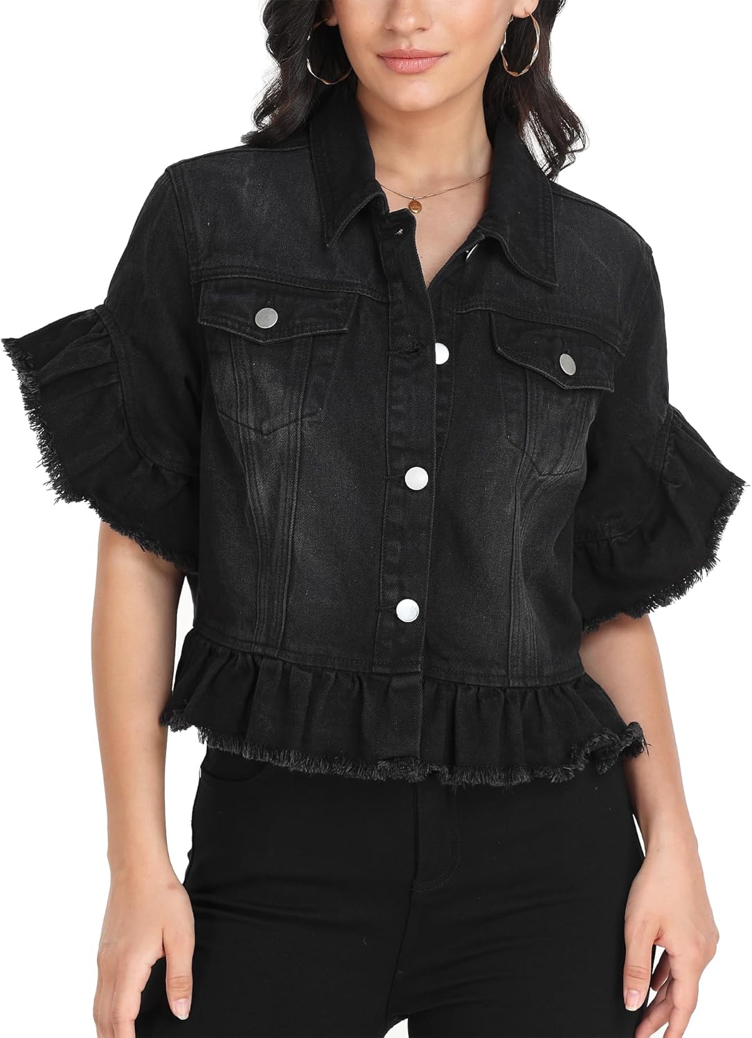 MISS MOLY Women's Denim Jacket Ruffle Sleeve Button Down Distressed Summer Cropped Jean Jackets - Image 4