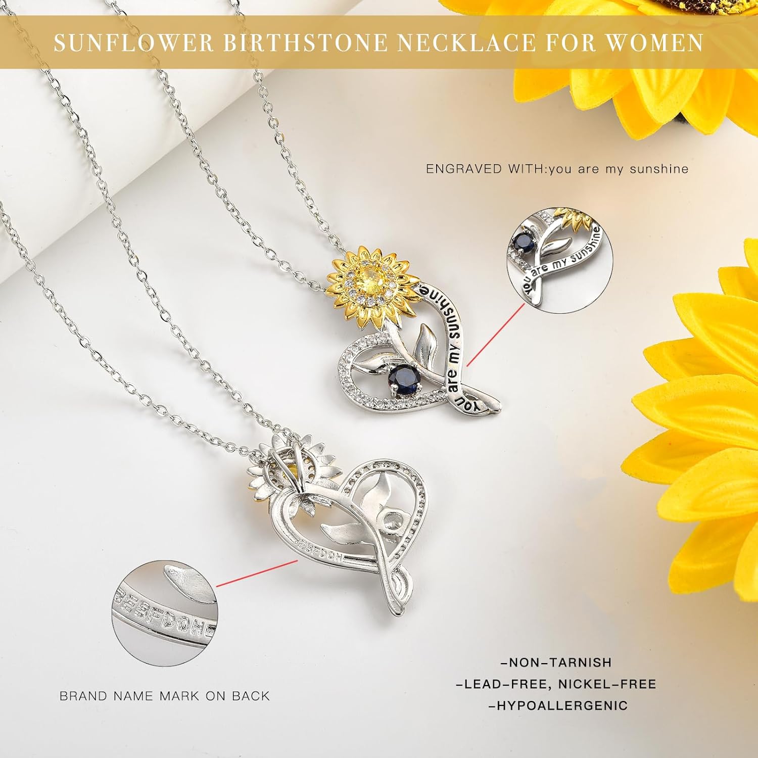 Valentine Gift for Women,Sunflower Birthstone Necklace for Women, Sunflower Gift for Wife Birthday Gift Ideas Wedding Anniversary Birthday Gifts for Girlfriend You Are My Sunshine Necklace for Mom Daughter - Image 3