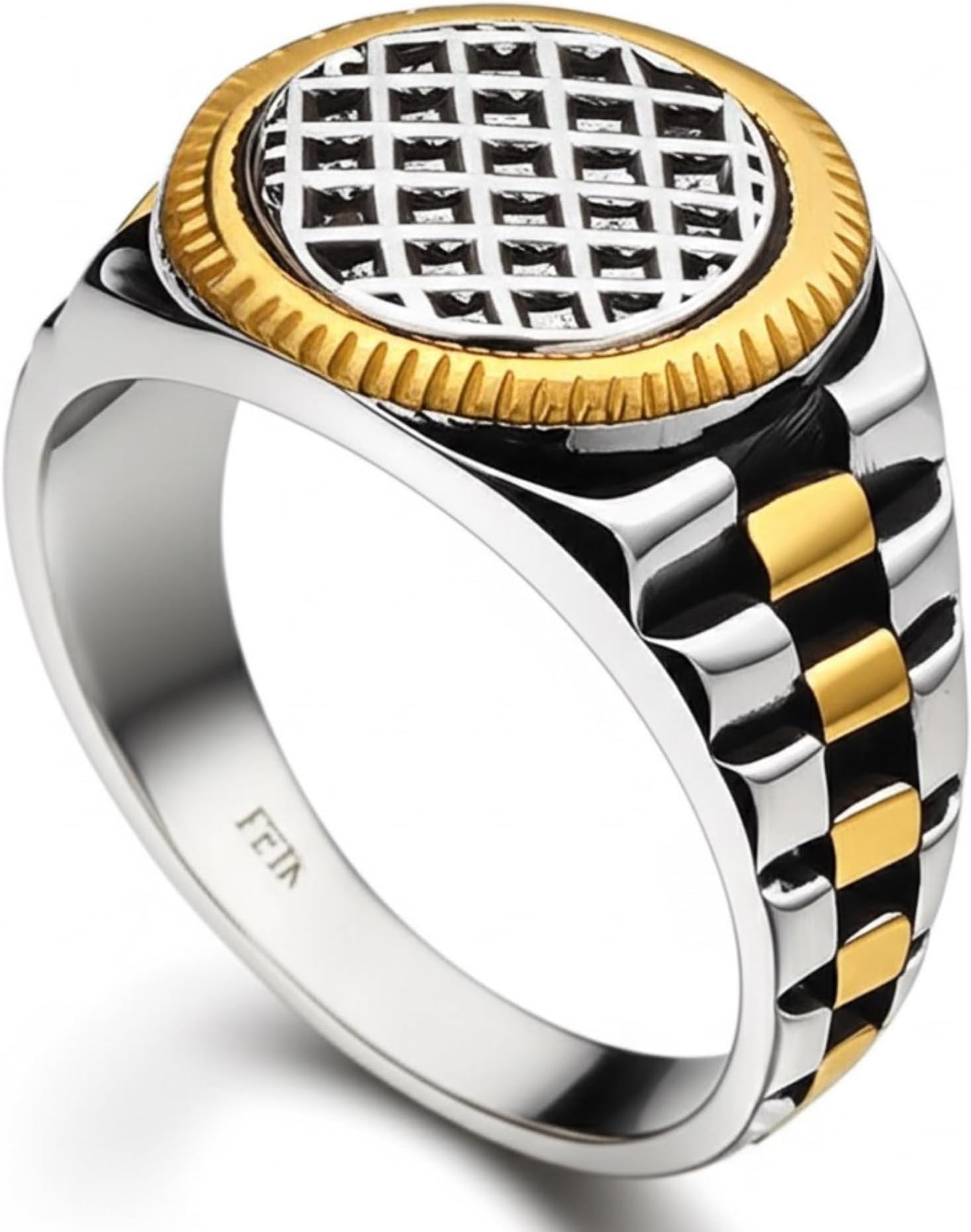 - Royal Series - DOMINION GRID RING - Pure Stainless Steel Men’s Steel Gold-Plated Ring – Statement Luxury Jewelry (Size : 16-19-21-22-24-26)