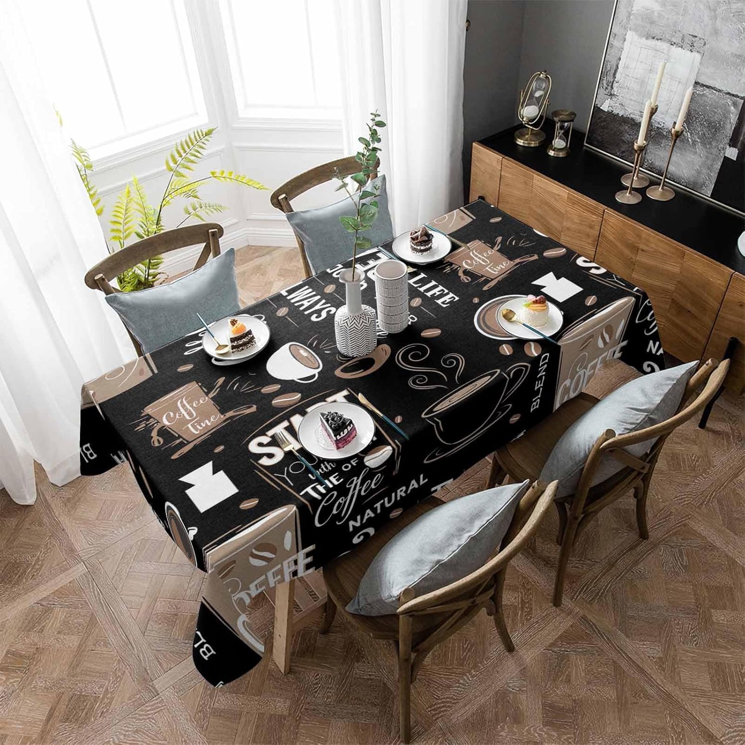 Rectangle Waterproof Table Cloths Cartoon Theme Coffee Cup Beans Tablecloths Topper Cover Brown Black Kitchen Dining Tablecloth for Indoor Outdoor Wedding Tables