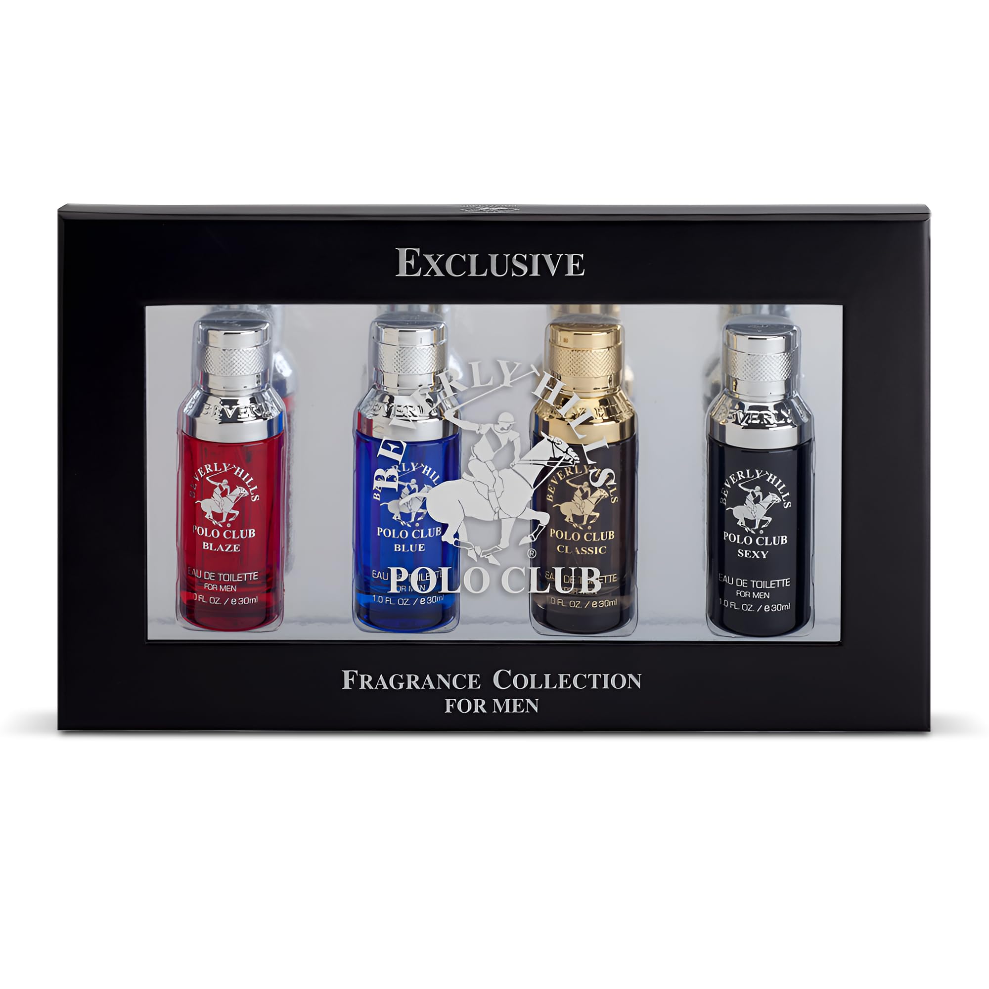 Beverly Hills Polo ClubExclusive Fragrance Collection For Men With 4 Different Fragrances, Blaze, Blue, Classic, and Sexy, 1fl oz Each (Pakaging May Vary)