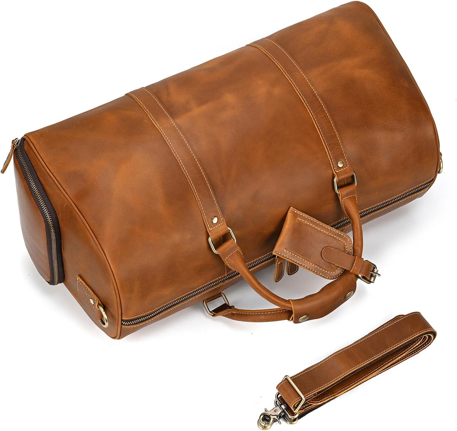 Full Grain Genuine Leather Weekender Travel Bag for Men & Women - Cabin Friendly Carry-On Duffel Bag for Gym Overnight Trips, Light Brown