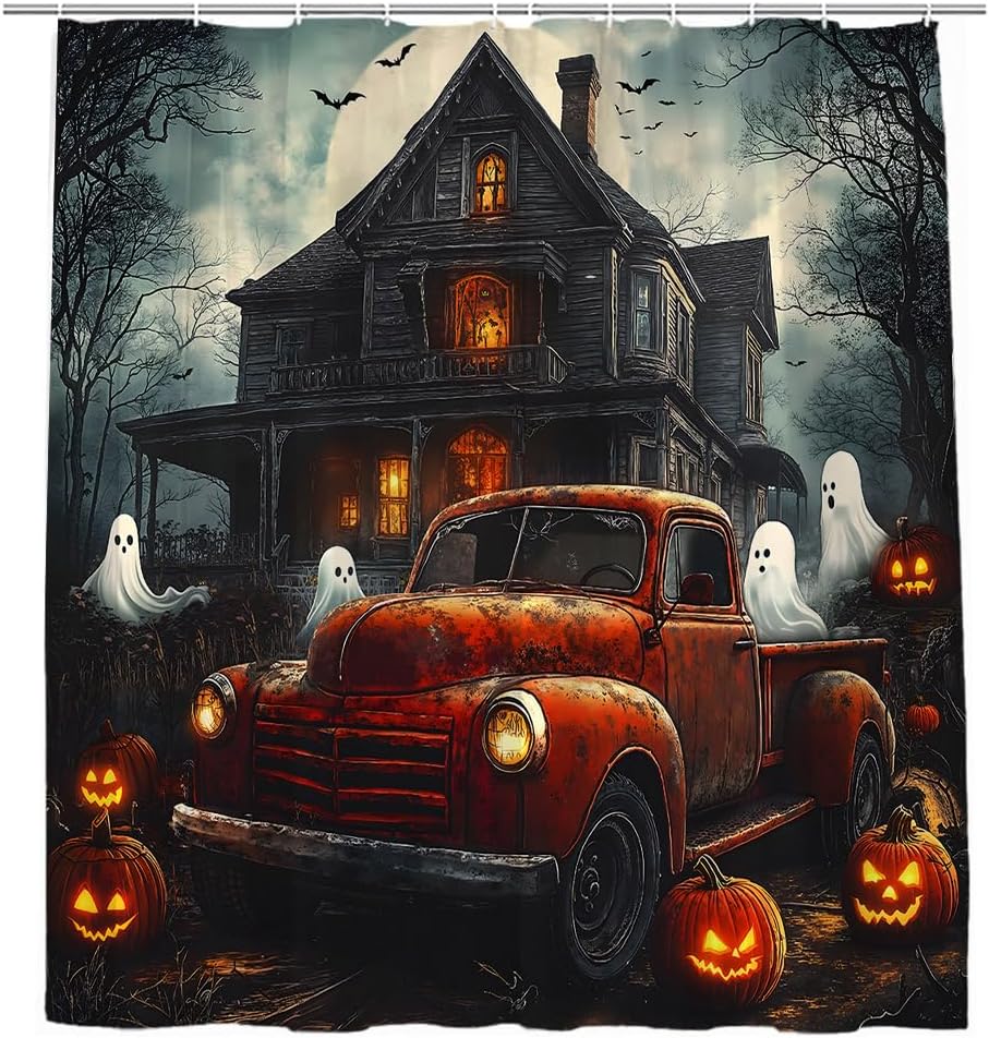 Halloween Castle Shower Curtain Horror Ghost Red Truck Spooky Pumpkins Bat Halloween Party Full Moon Gray Night Gothic Haunted House Forest Scary Sky Bathroom Decor Curtains 90x70 inch with Hook