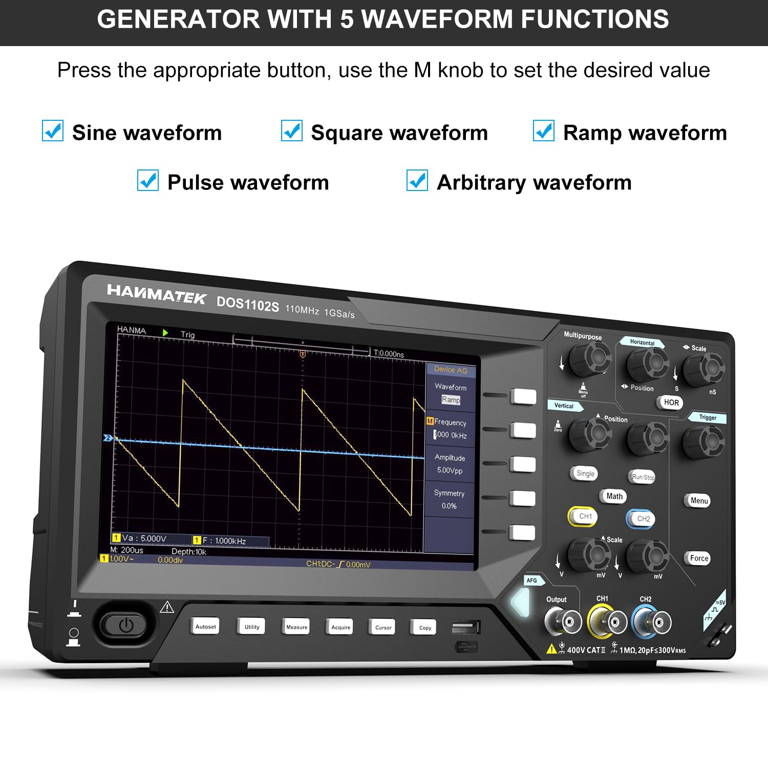 Screen showing waveform generator settings with options for sine, square, ramp, pulse, and arbitrary waveforms