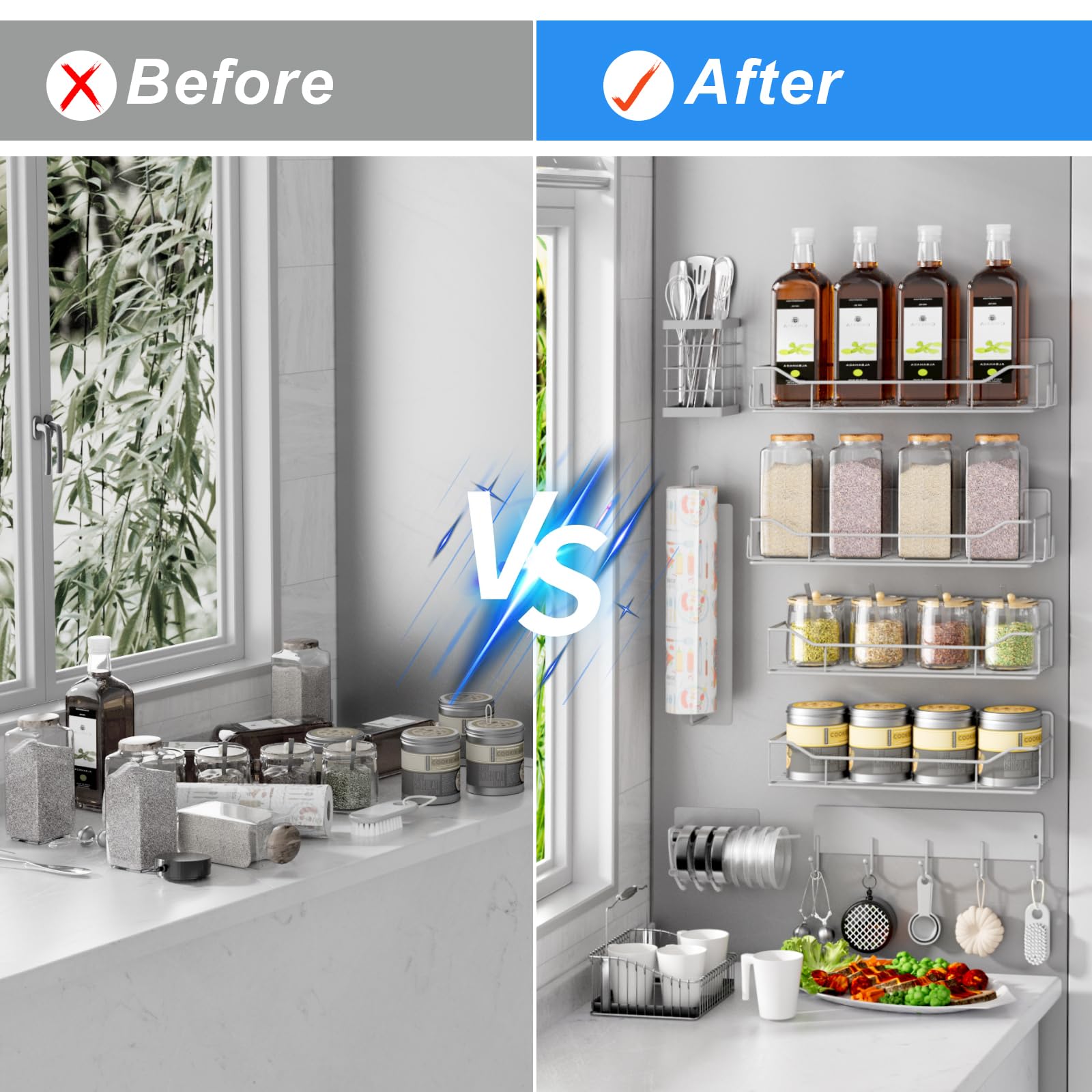 Kmise Estante magnético para especias para refrigerador, paquete de 8 estantes magnéticos para nevera, organizador de especias móvil con estante de gancho, soporte para toallas de papel, soporte para