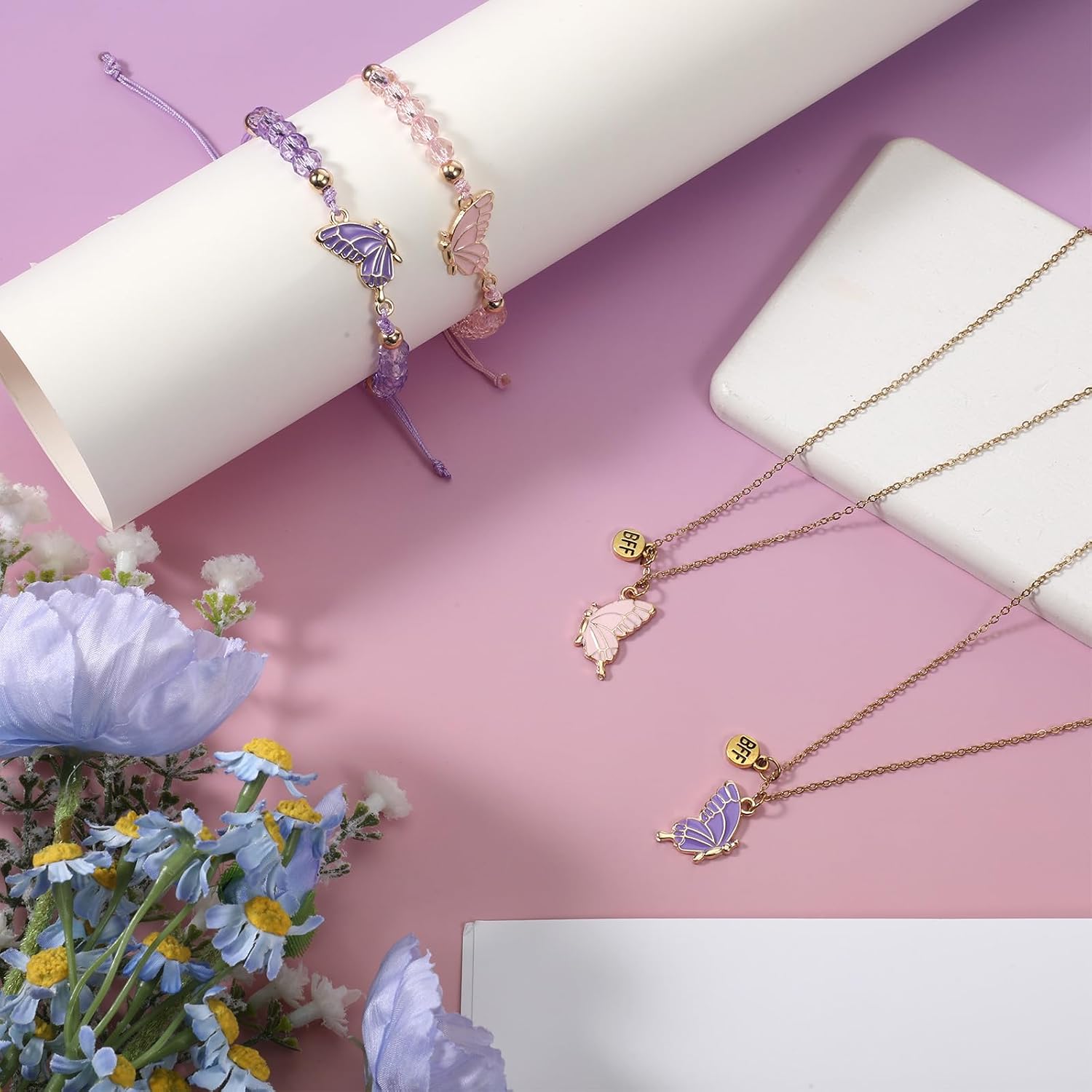Larrel 2PCS Butterfly Friendship Necklaces and Bracelets, Friendship BFF Necklace and Bracelets, Butterfly Matching Necklace and Bracelet for Best Friends, Friendship-Gift Set (Pink + Purple)