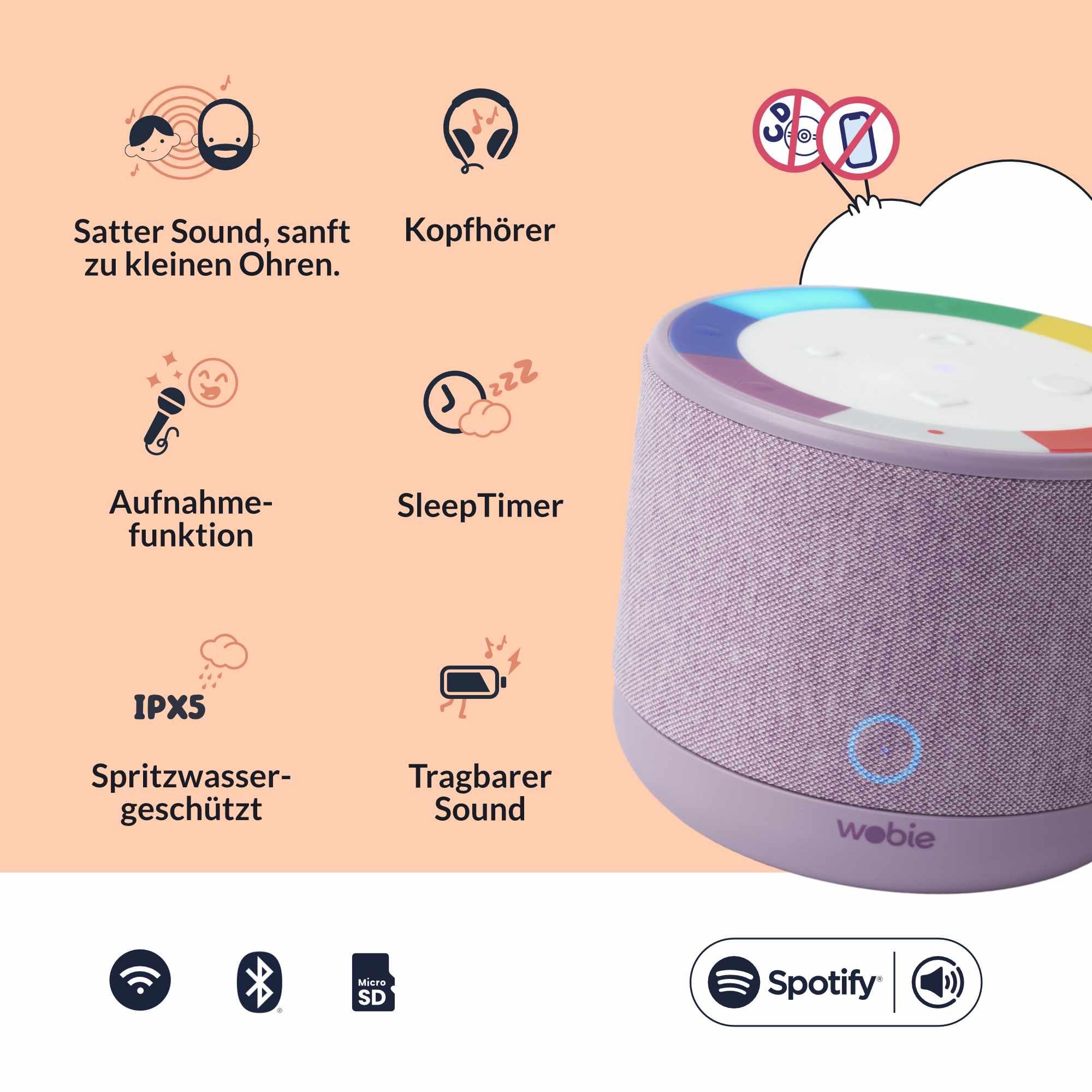 wobie Box Musikbox – Interaktive Hörspielbox & Musikplayer mit Direktzugriff auf Spotify – Bildschirmfreie kabellose Audiobox mit WLAN, Bluetooth & Kopfhöreranschluss – Hörspiele, Musik & Podcasts