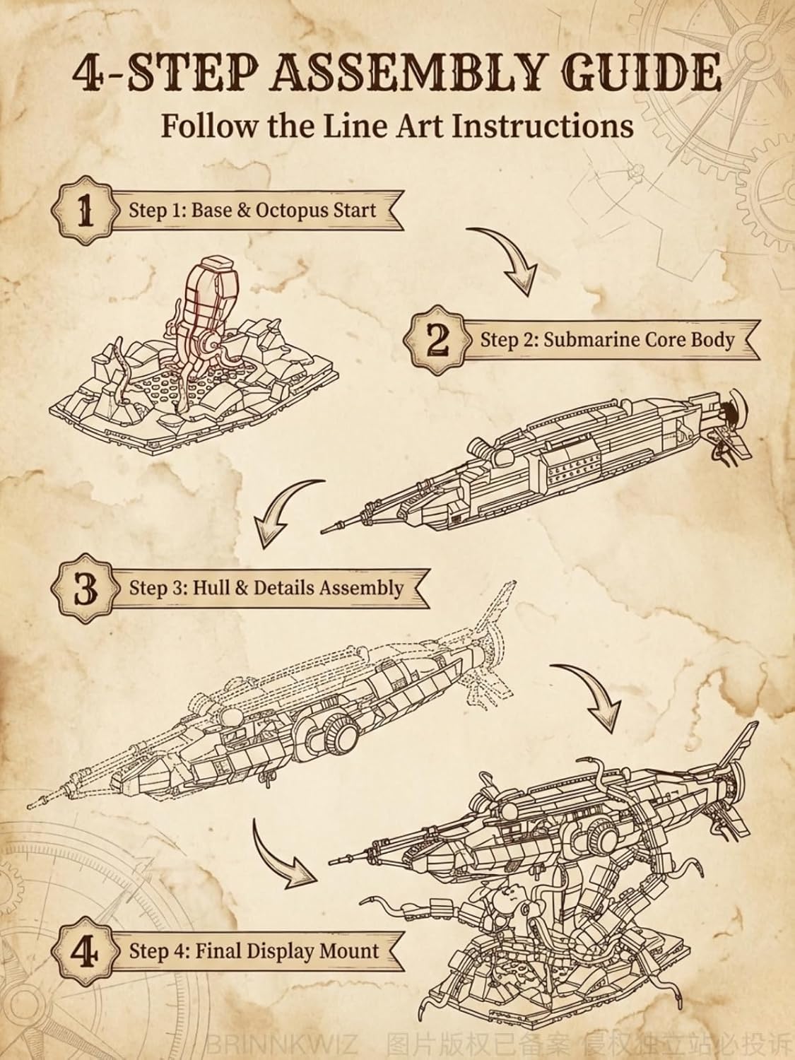 Steampunk Nautilus Submarine Building Set with Giant Octopus Display Stand, Retro Mechanical Undersea Adventure Model Kit for Adults, Desk Decor Compatible with Major Brick Brands