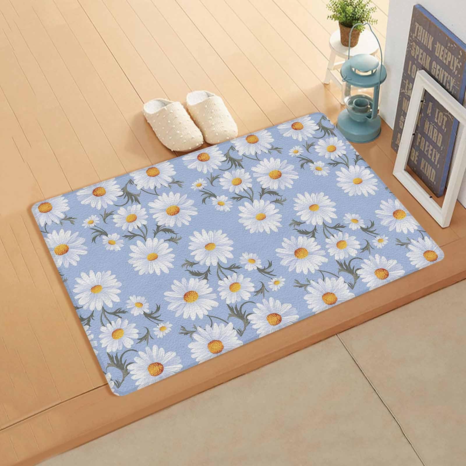 Blue Daisy Floral Antifatigue Kitchen Bath Door Mat Cushioned Runner Rug,Washable Welcome Floor Sink Mat,Waterproof & Non-Slip Kitchen Standing Doormat,White Blossom Watercolor Spring Summer 18