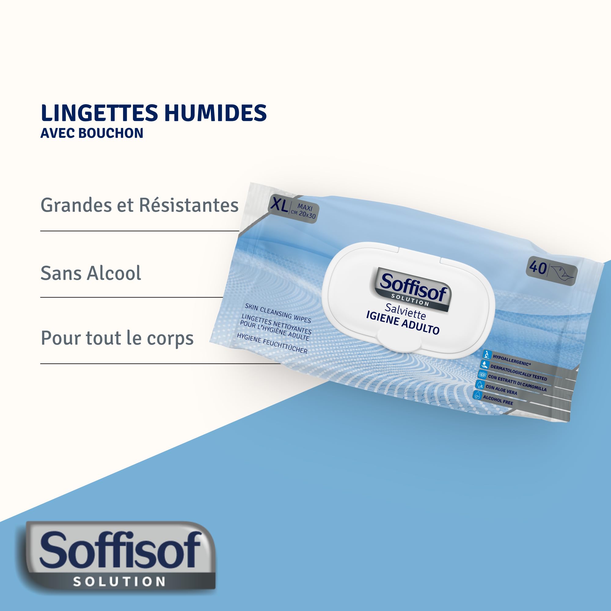 Soffisof Lingettes Hygiène Adulte XL - 240x Lingette Nettoyantes Corps - Adultes, Personees Agées, Patients Alités - 240 Soffisof Extra Larges, 6 Paquets