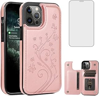 Asuwish Compatible with iPhone 12 Pro Max Case 6.7 Tempered Glass Screen Protector Card Holder Wallet Cover Flip Leather Phone for iPhone12promax 5G i 12s Plus iPhone12 12pro Promax Women Rose Gold