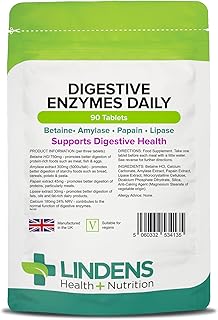 Lindens Digestive Enzymes Daily Tablets - 90 Pack - Contains Betaine Hcl, Papain, Amylase & Lipase to Promote Better Digestion - UK Manufacturer, Letterbox Friendly