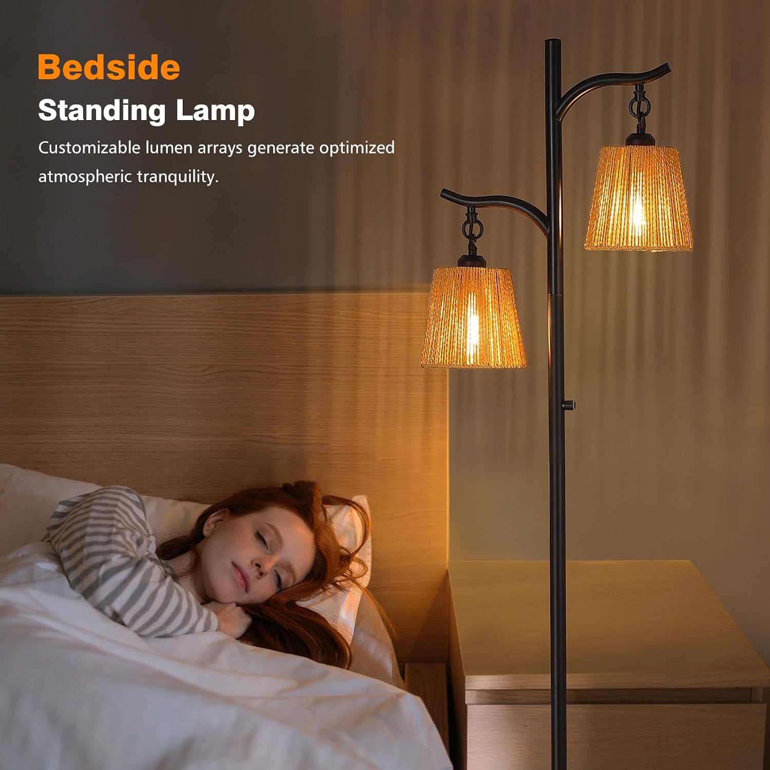 9MMML Rattan Floor Lamp for Living Room, Boho Floor Lamp with 2 Hanging Wicker Lamp Shade, 67'' Farmhouse Dimmable Black Standing Lamp with Rotary Switch for Bedroom, 2 x 800LM LED Bulbs Included