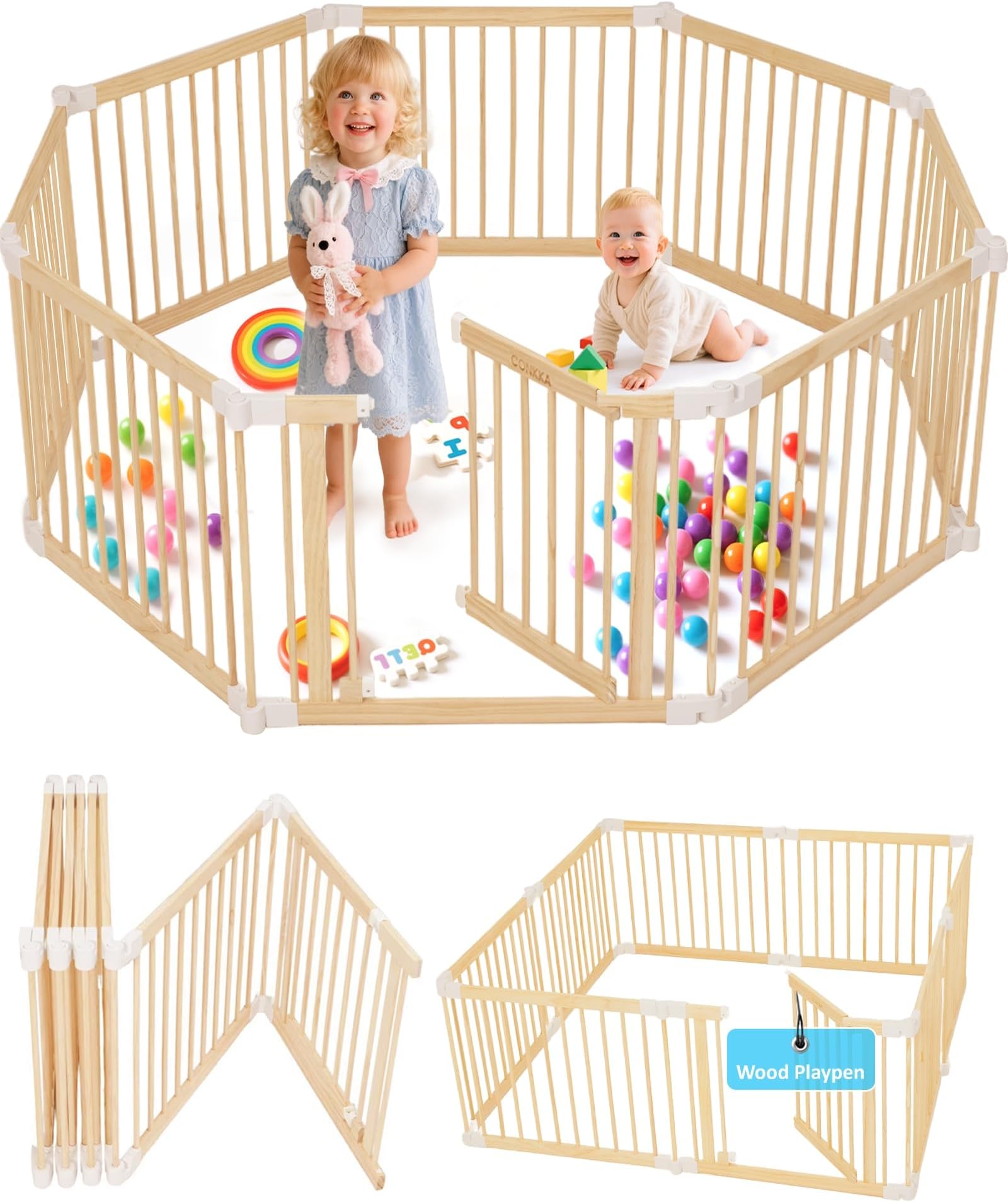 Foldable Wooden Baby Playpen Large Play Yard for Babies, 2-in-1 New Mom Helper Portable Fence, 25" Tall Custom Wood Gate with Adjustable Size & Shape for Infants 3-18 Months -63x63x25 inch