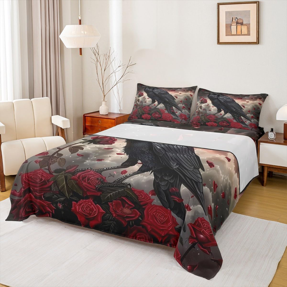 Manfei Black Crow Fitted Sheet Set Queen Size 4 Pcs,Red Rose Birds Bed Sheet Sets for Bedroom Decor,Gothic Night Cloud Bedding Set with 1 Flat Sheet 2 Pillowcases