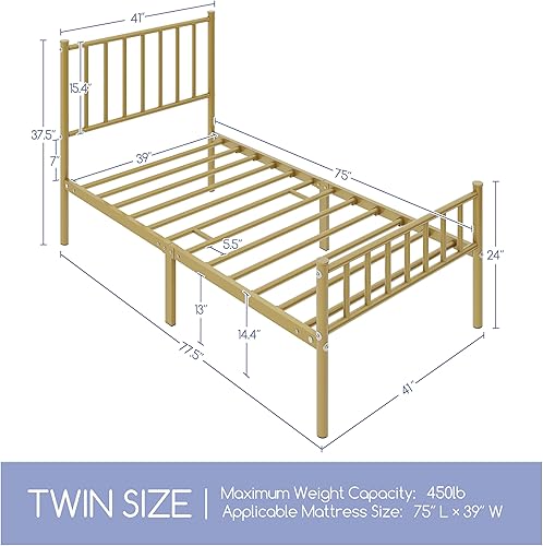Miniatura 2 de Yaheetech Base de cama tamaño individual con plataforma de metal, base de colchón con cabecero y estribo, no necesita somier, almacenamiento debajo