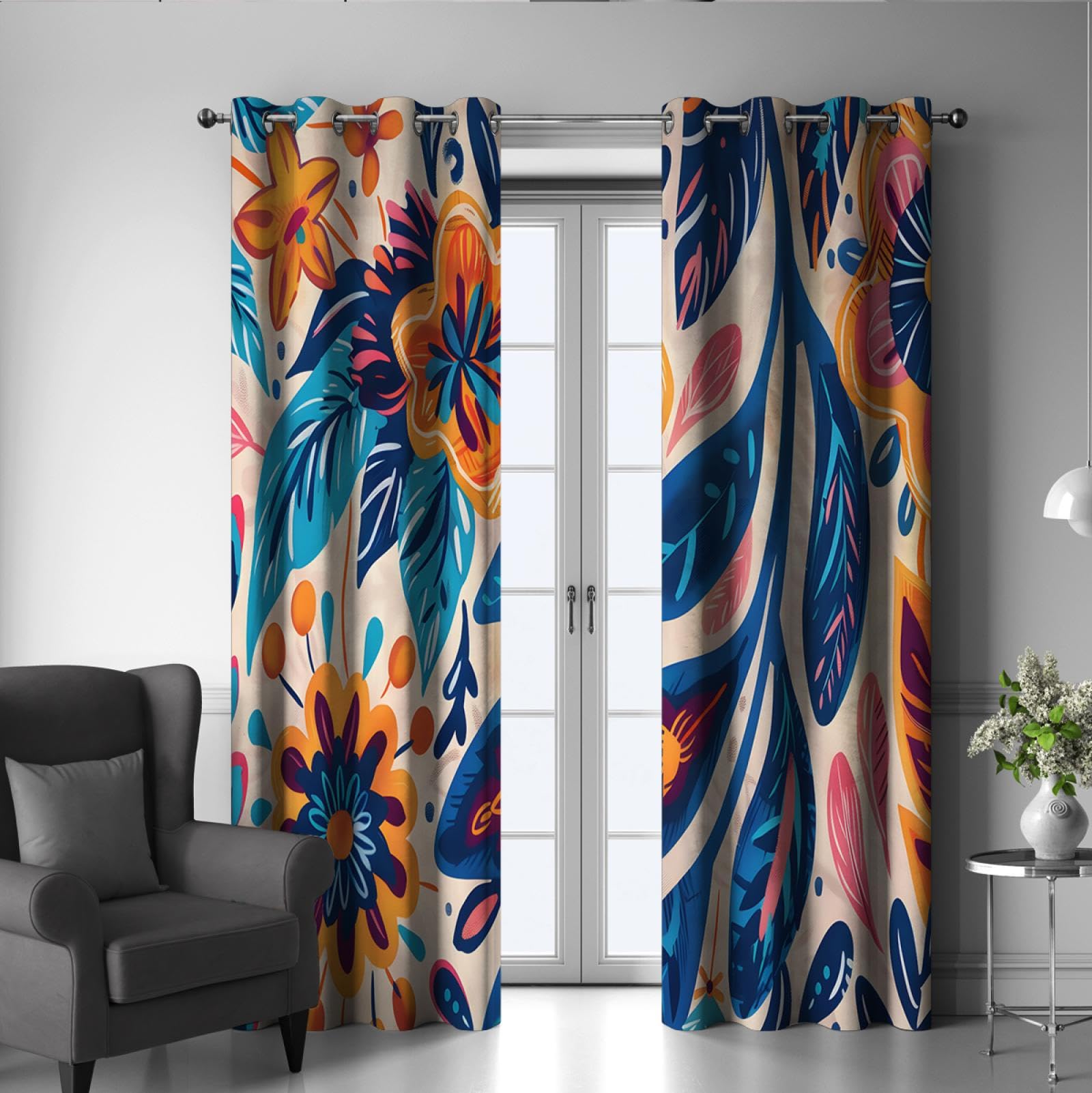 Boho-Stil Vorhänge Retro Blumen Fenstervorhänge Wärmeisolierte Vorhänge Ethnische exotische Verdunkelungsvorhänge für Schlafzimmer Wohnzimmer 2 Paneele H210xB200