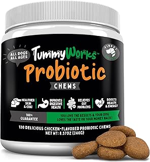 TummyWorks Probiotic Soft Chews for Dogs. Probiotics for Gut Flora, Digestive Health, Immune Support, Diarrhea, Itching & Seasonal Allergies. with Digestive Enzymes & Prebiotics. Made in USA 120ct