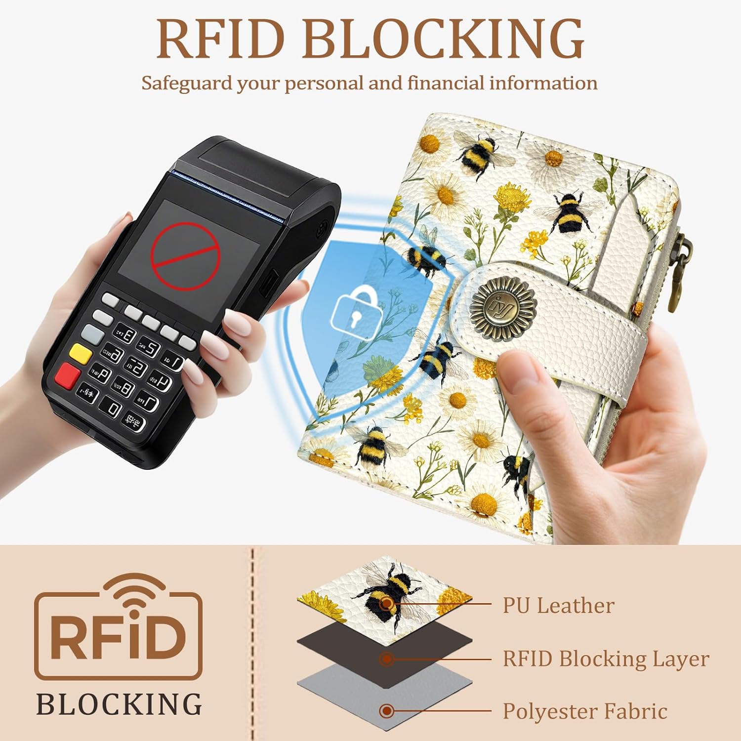 Floral Bee Small Wallet Women RFID Blocking Bifold, Credit Card Holder, Zipper Coin Pocket, PU Leather, Cute, Compact, Travel, 4 ID Window, 14 Card Slots, Cash Purse, Ladies Woman Female Girls - Image 3