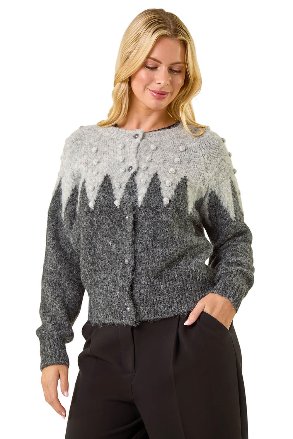 Roman Originals Women's Grey Roman Petite Bobble Buttoned Knit Cardigan For Uk - Everyday Autumn Winter Round Neckline Comfy Soft Evening Vacation Work Party Night Out - Petite - Size 14