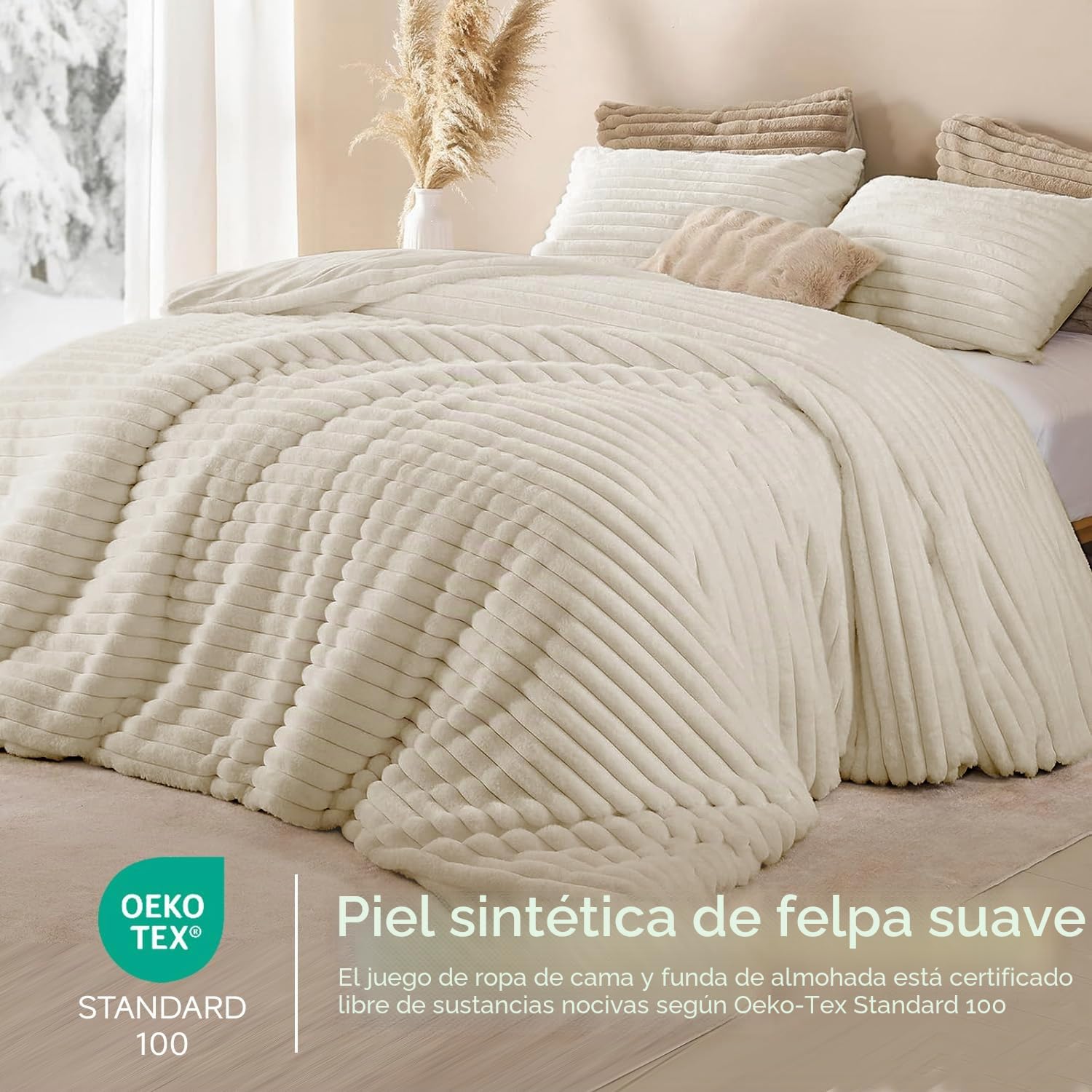 Lanqinglv Ropa de cama mullida de 200 x 200 cm, diseño de rayas, color beige, de felpa piel sintética franela, ropa de cama de invierno, cálida y acogedora, tacto de cachemira, funda nórdica con