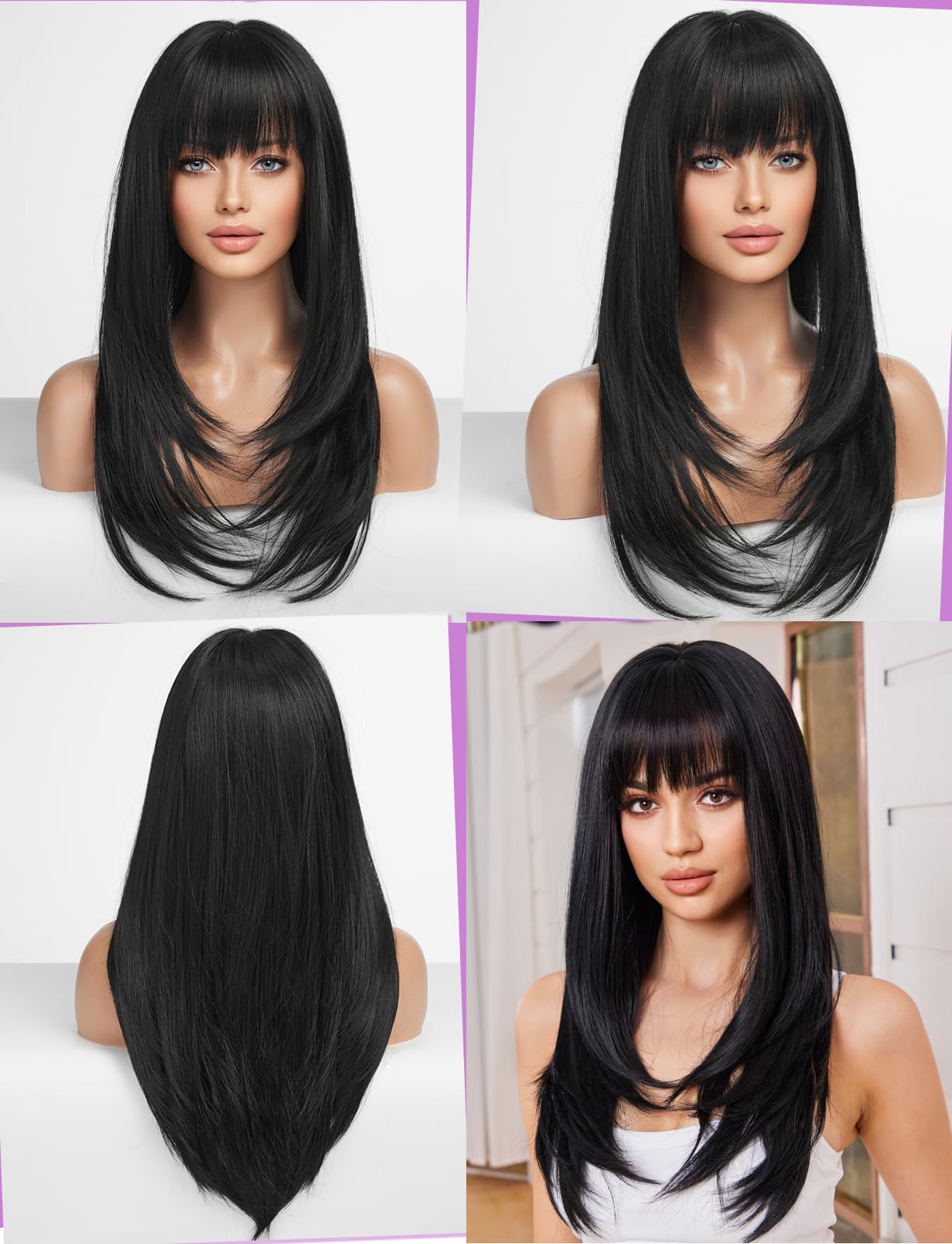 WOKESTAR Black Wigs for Women Layered Straight Long Wig with Fringe, 25 inch - Image 4