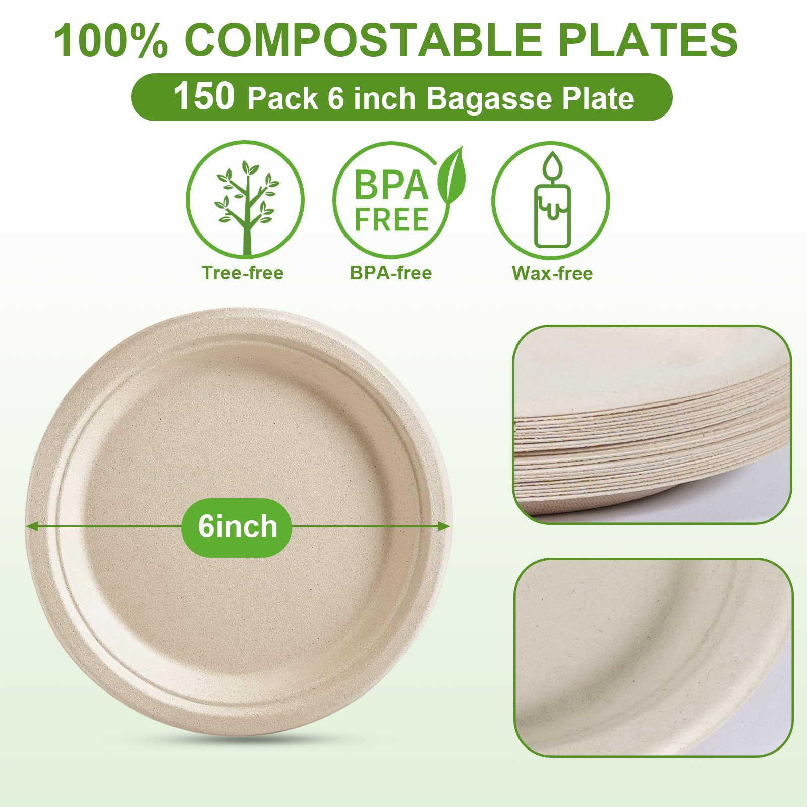 Platos de papel de 6 pulgadas, 150 unidades, platos de papel pequeños desechables de alta resistencia, platos compostables, hechos de bagazo natural, platos de caña de azúcar ecológicos