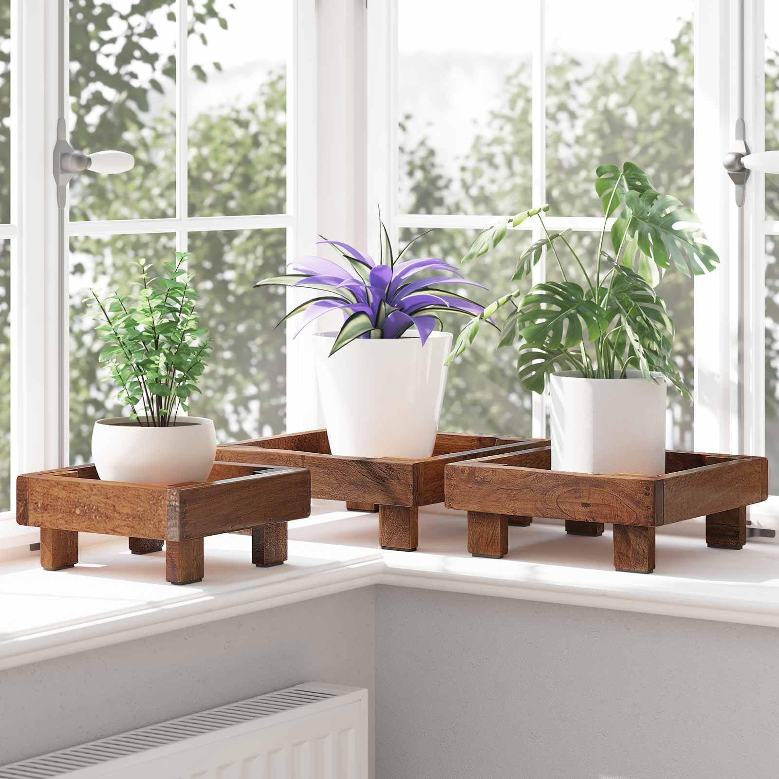 Supporto per piante, 3 pezzi, marrone mogano | Diverse dimensioni, resistente alle intemperie, superficie oliata, per balcone e giardino