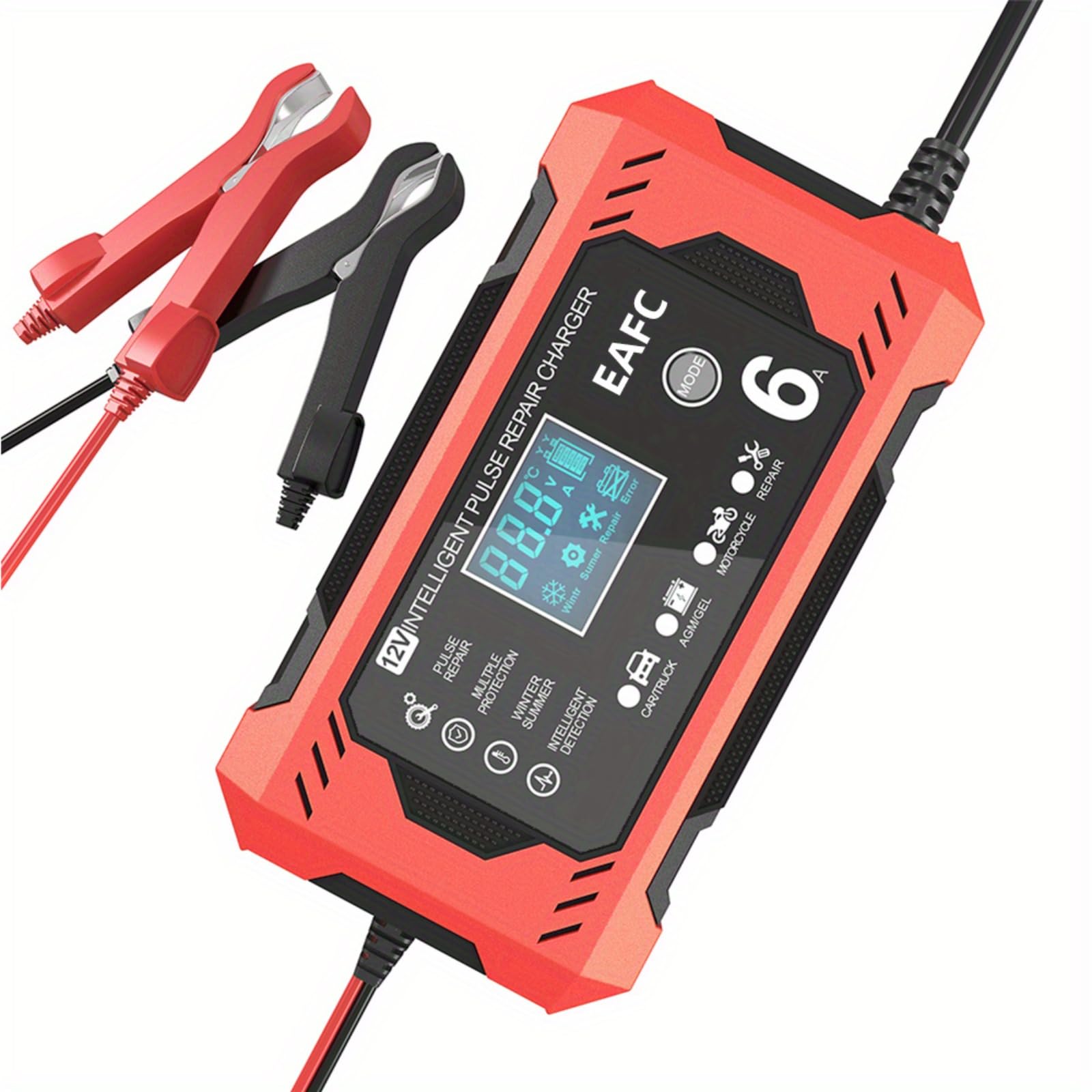 US Plug 12V 6A Smart Battery Trickle Charger 12V Battery Maintainer Battery Charger for Car Truck Motorcycle Lawn Mower Marine Lead Acid Charger (Red)