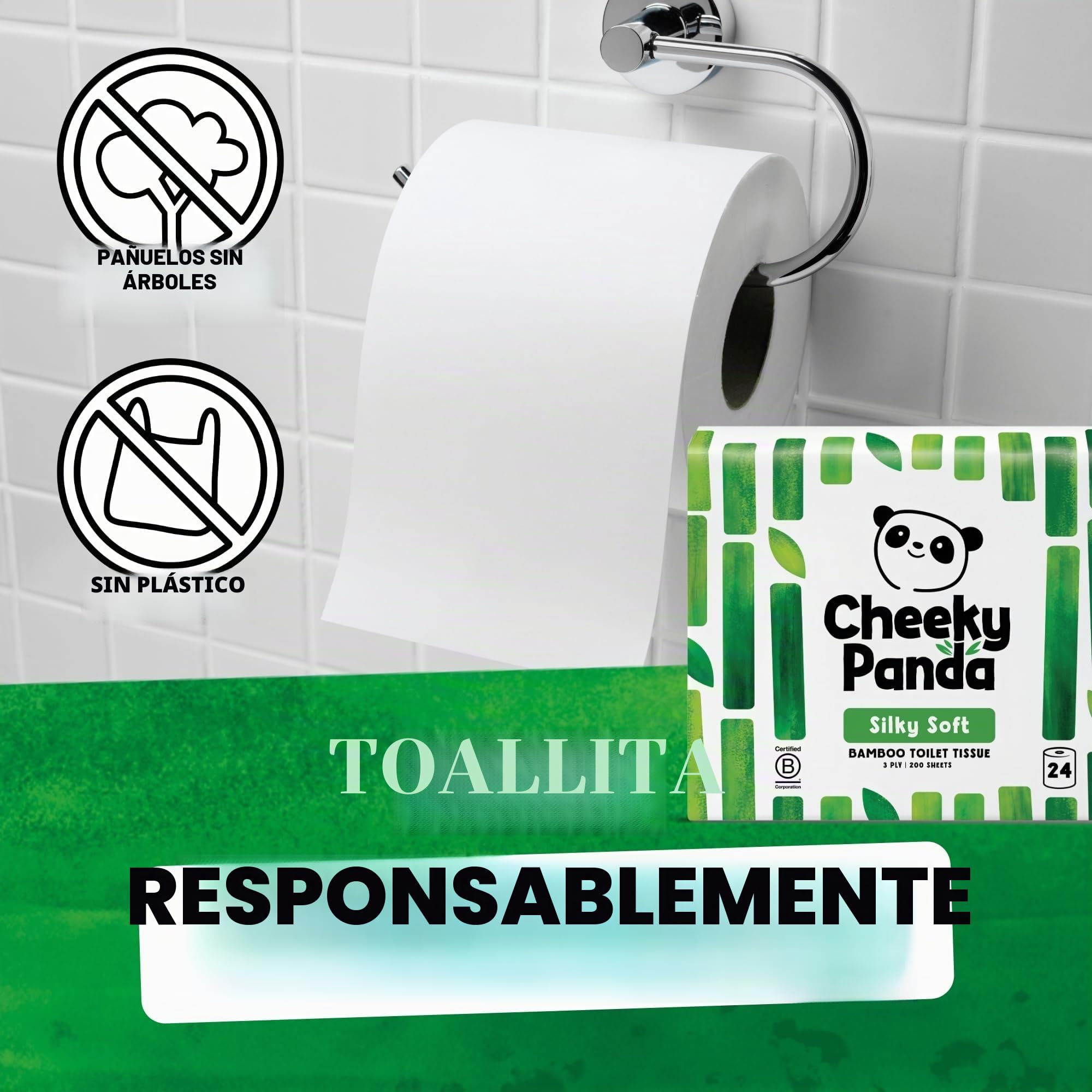The Cheeky Panda Papel Higiénico de Bambú | 24 Rollos x 200 Hojas | 3 Capas 100% Bambú Biodegradable Sin Plástico | Paquete a Granel