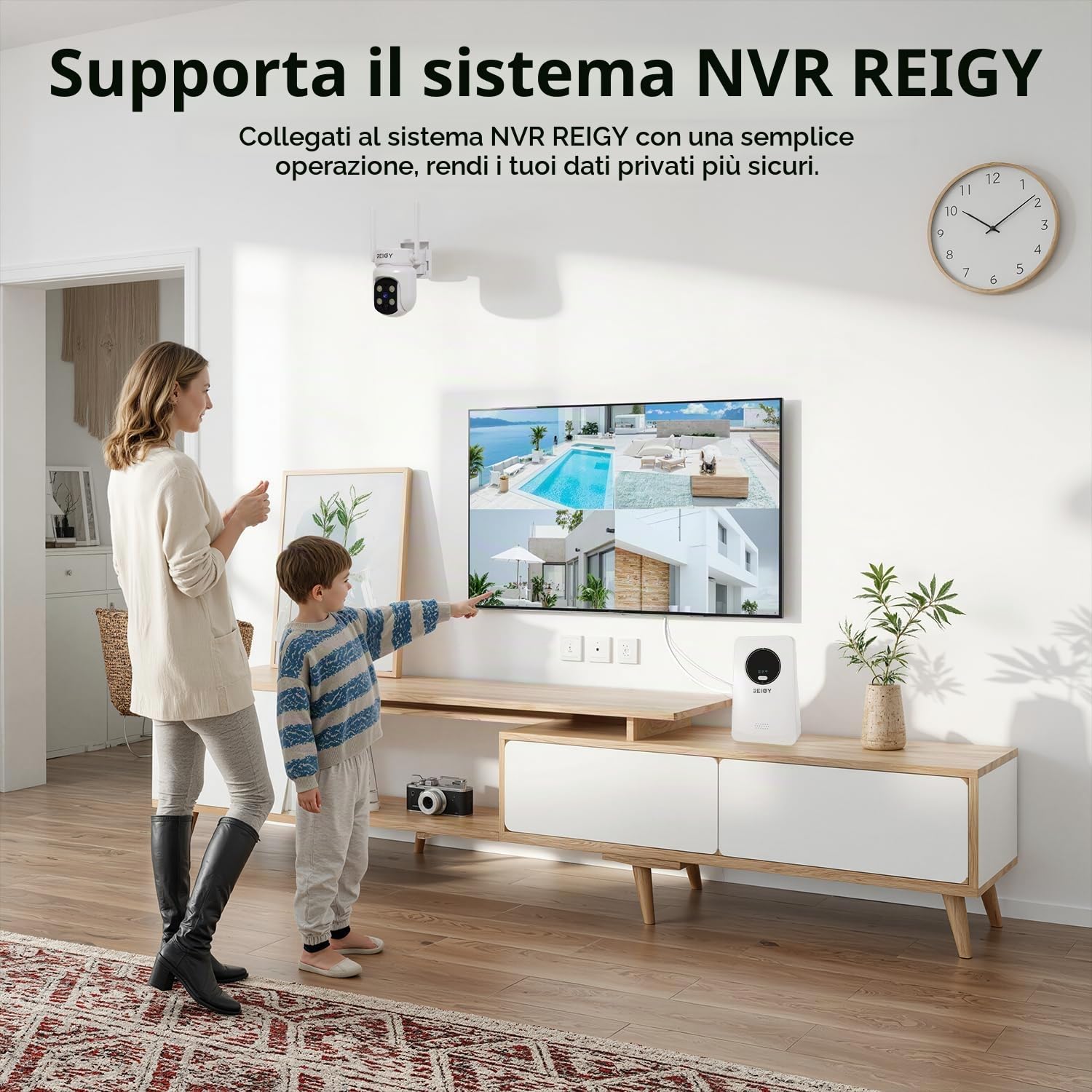 REIGY 4MP Telecamera WIFI Esterno Batteria Senza FIli, 360° Videocamera Sorveglianza con Pannello Solare, Rilevazione di Movimento PIR, Audio a 2 Vie, IP65, Supporto 2,4GHz/5GHz