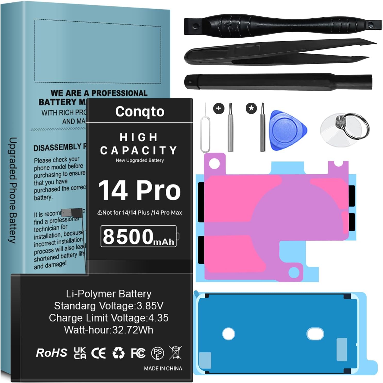[8500mAh] Upgraded Battery for iPhone 14 pro, 2025 New Version Ultra-High Capacity 0 Cycle Replacement Battery for iPhone 14 pro A2890, A2650, A2889, A2892 with Professional Repair Tool Kits