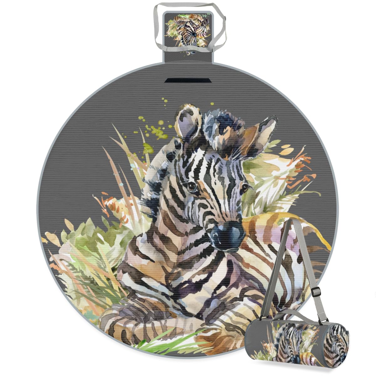 Shimoshe Modern Art Zebra Picnic Outdoor Blanket Foldable Waterproof Sandproof Beach Blanket Portable Water-Resistant Round Picnic Mat for Travel Camping Park Lawn