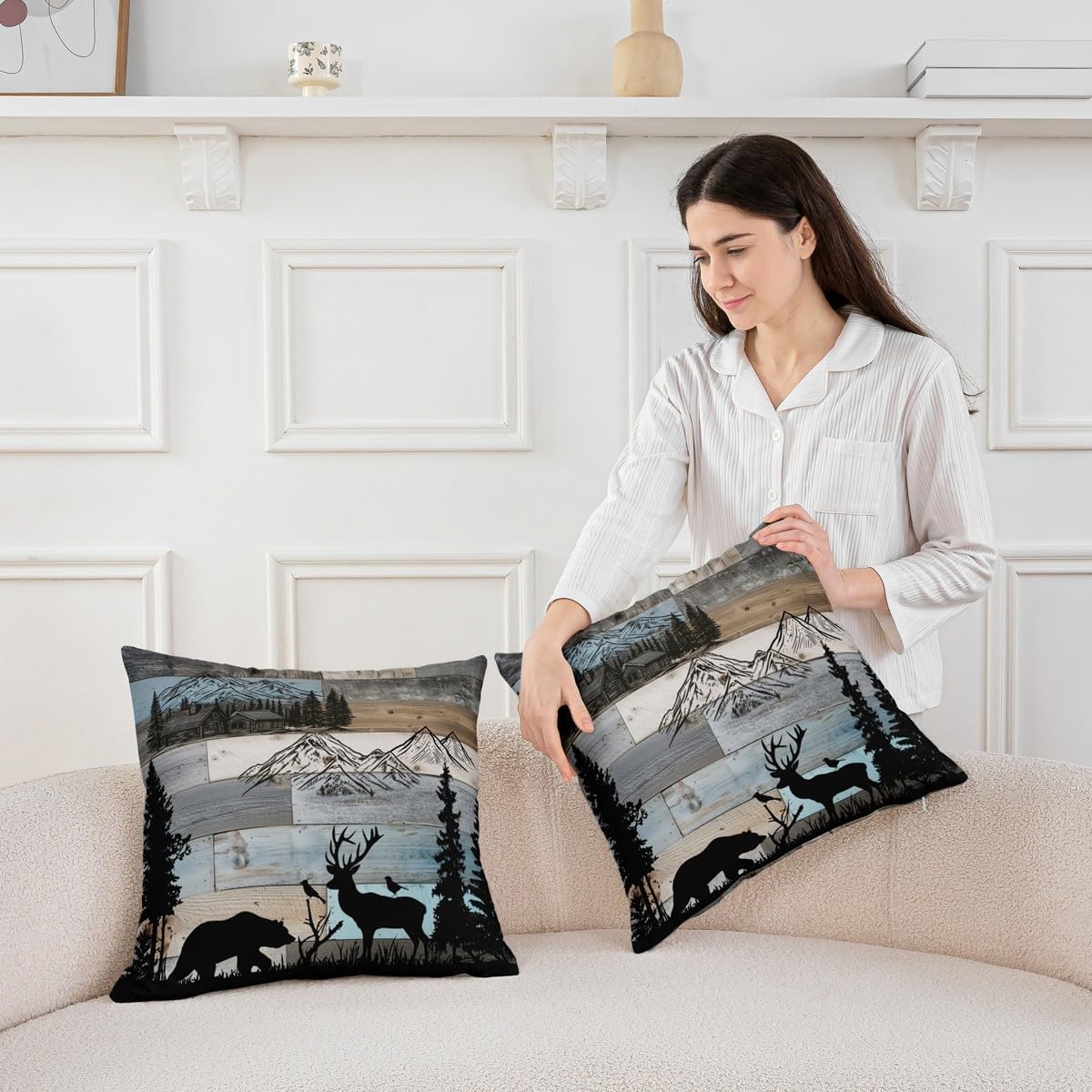 Erosebridal Rustic Farmhouse Throw Pillow Covers 22x22 Set of 2 Forest Cabin Pillow Covers Woodland Hunting Bear Deer Cushion Cover Country Wildlife Animal Print Pillow Cases for Couch Sofa