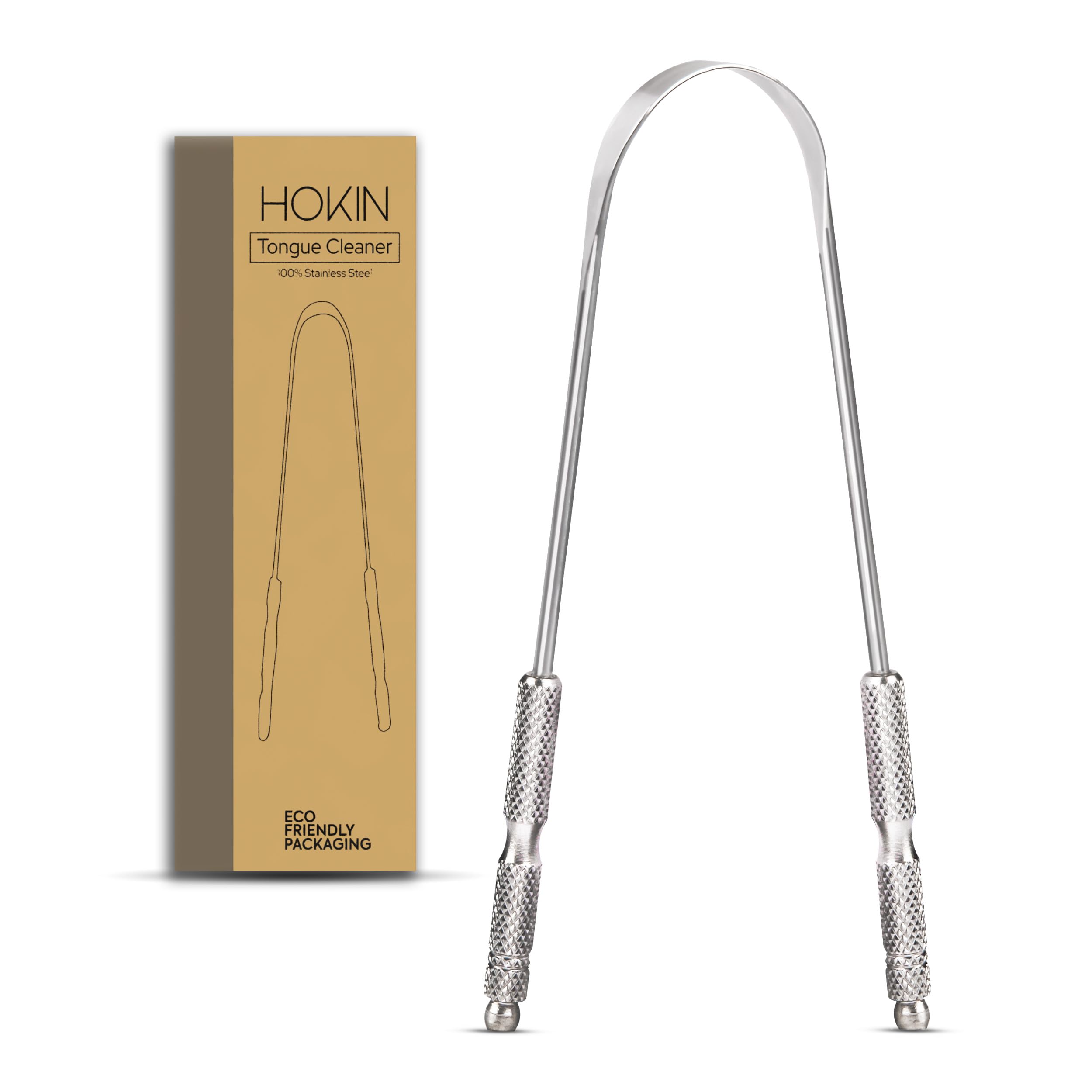 Tongue Scraper for Adults by HOKIN (1Pc Oral Care Pack) Stainless Steel Tongue Cleaners Reduce Bad Breath 100% Metal Tough Scrapers Men and Women Hygiene