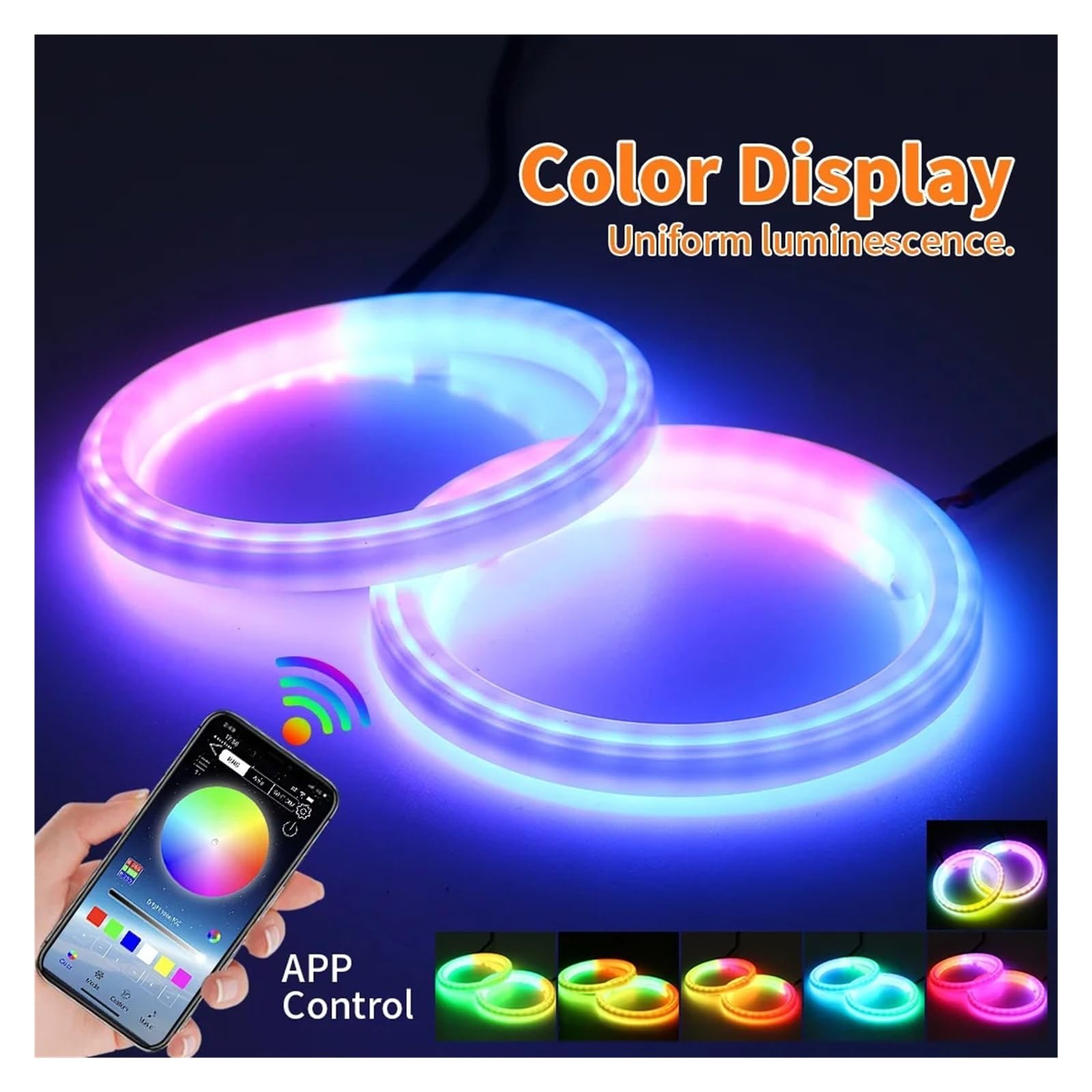 2 szt. 60-90 mm RGB Angel Eye Halo Ring DRL Turn Signal App Bluetooth (100 mm)