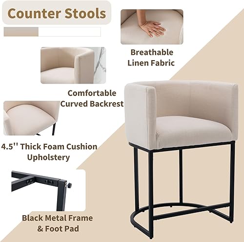 Miniatura 5 de HNY Juego de 2 taburetes tapizados de tela de lino modernos de 24 pulgadas con marco tubular negro, color crema
