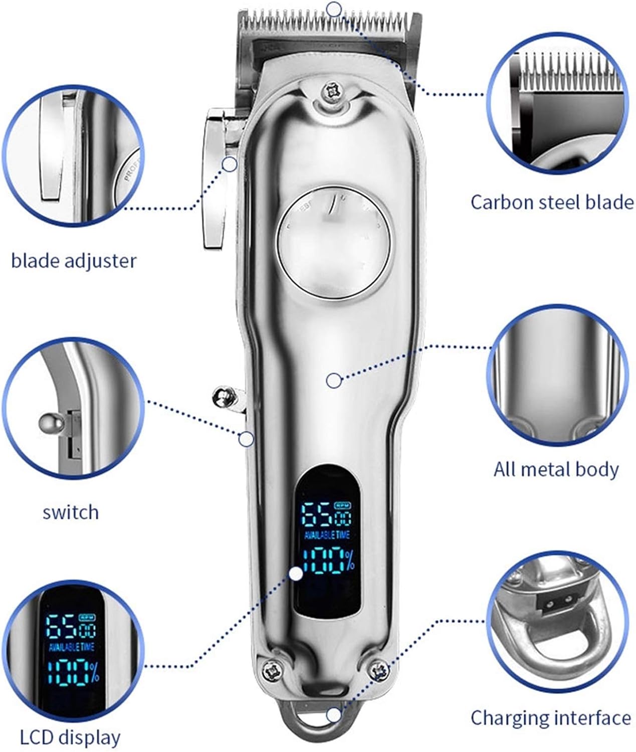 All-Metal Barber Professional Hair Clipper Electric Cordless LCD Trimmer Silver Cutting Machine Mower